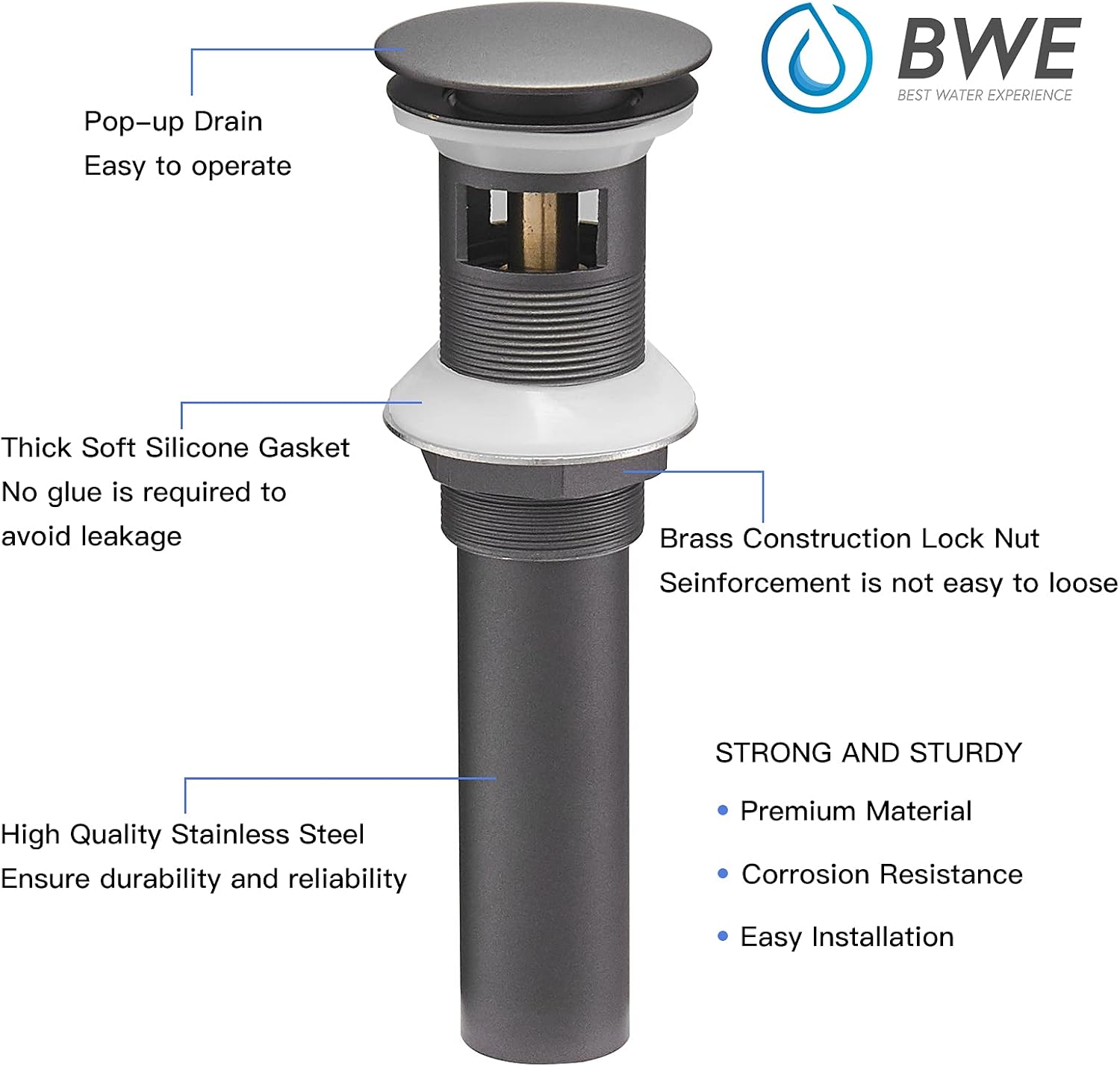 BWE Bathroom Sink Drain Stopper with Overflow Pop Up Drain Assembly for Vessel Sink Lavatory Vanity Fits Standard Bathroom Sink Hole 1-1/2" to 1-3/4" Matte Gray