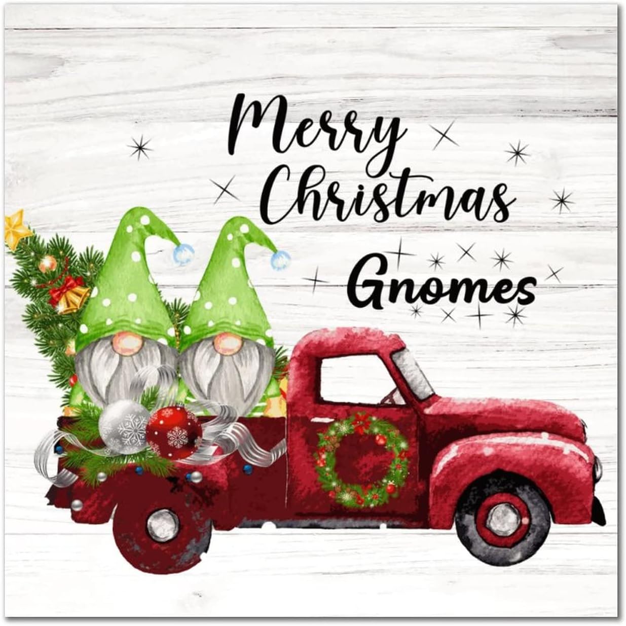 Merry Christmas Gnomes Wood Signs Farmhouse Christmas Tree Red Truck Wooden Wall Sign Hello Winter Home Wall Decoration For Bedroom Living Room Home Kitchen Housewarming Gift 16x16in