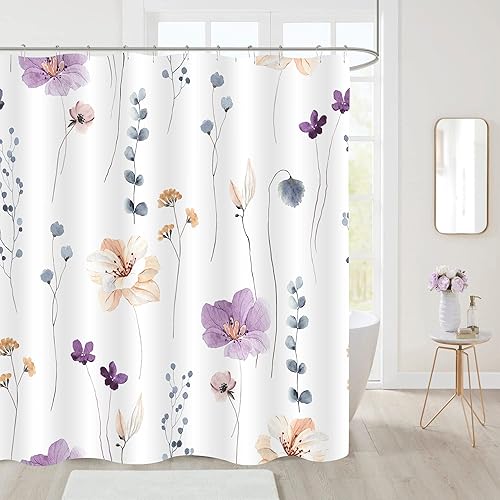 Miniatura 2 de Gibelle Cortina de ducha con diseño floral de acuarela, cortina de ducha de flores moradas y beige para baño, juego de cortina de ducha moderna