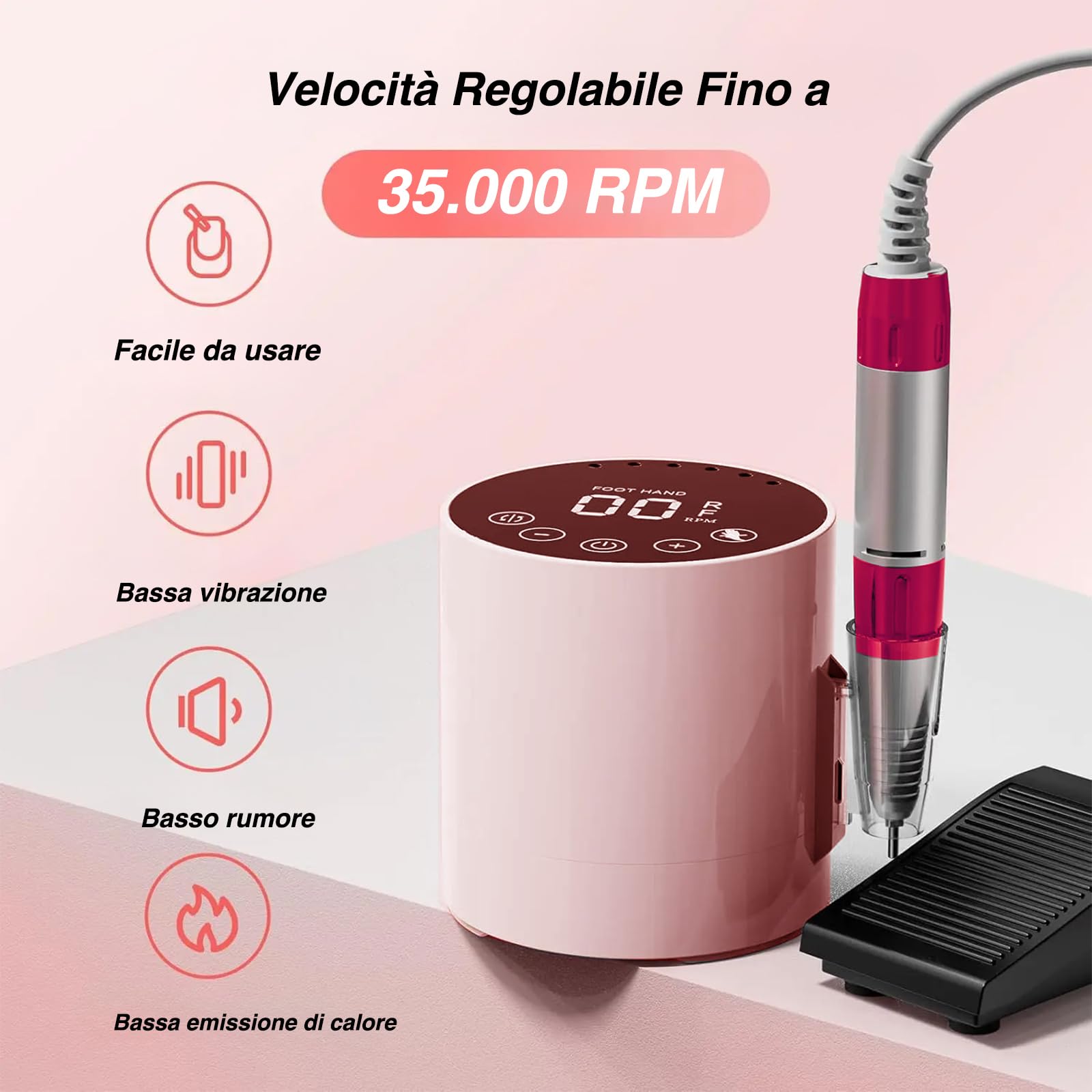 VOLTIX Fresa per Unghie Professionale 35000RPM - Lima Elettrica con Pedale, 6 Frese e Accessori Inclusi, Set Manicure e Pedicure Elettrico per Unghie Acriliche, Gel e Nail Art (Rosa)