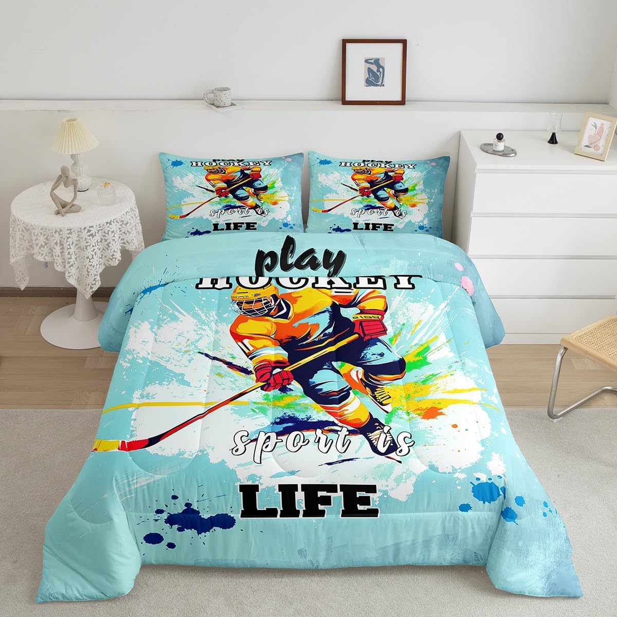 Ski Sports Comforter Set Winter Sports Theme Bedding Skier Snowboarding Bedding Comforter Sets Queen Size for Skiers Snowboarder, Extreme Sports Skiing Duvet Insert 3 Pieces for Friends Men Women