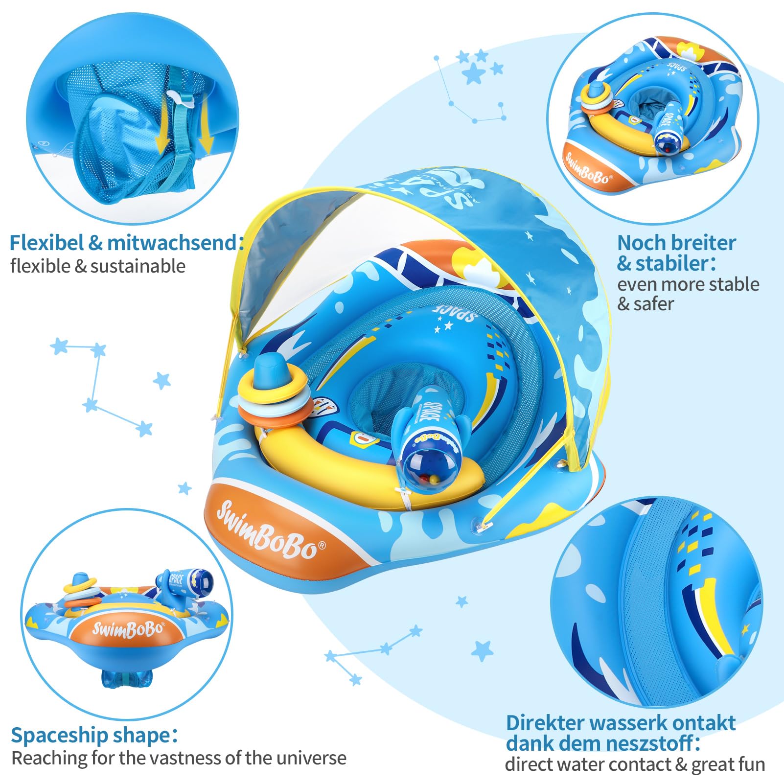 Swimbobo Baby Pool Float Ring with Adjustable Sun Canopy and Safety Seat Pool Toy for Age of 6-36 Months