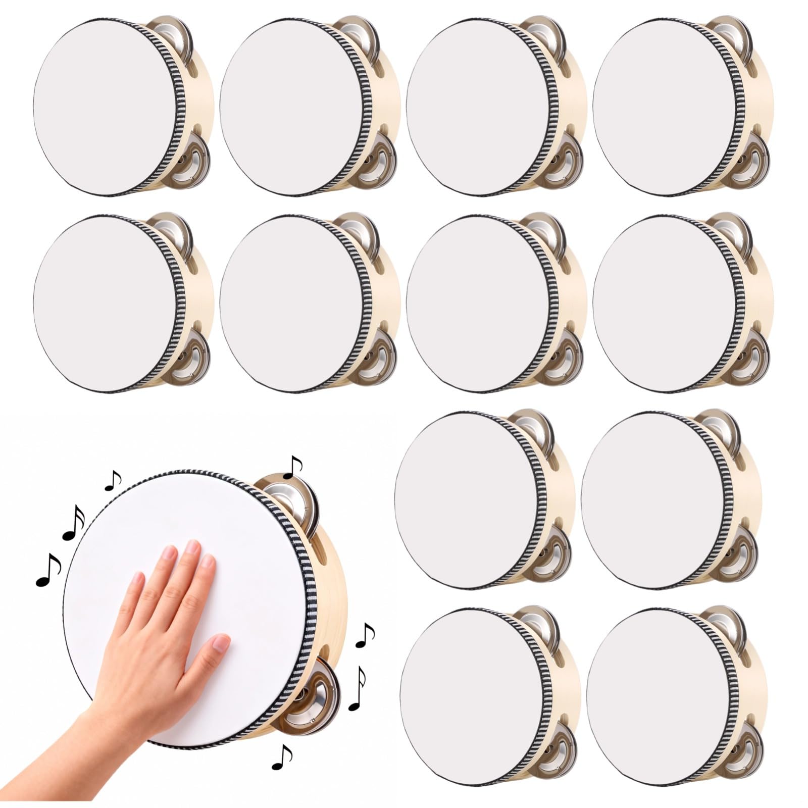 Ręczne bębny tamburynowe, 12 szt., 10 cm, białe drewniane instrumenty muzyczne z metalowymi dzwonkami, puste do samodzielnego personalizacji, na wesela, imprezy, zajęcia kościelne, gry