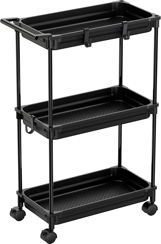 SimpleHouseware Standard 3-Tier Slim Rolling Storage Cart, Black
