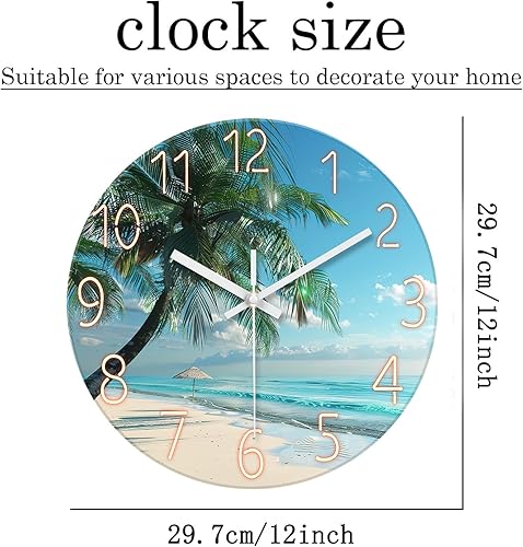 Miniatura 5 de XFM Reloj de pared de playa, silencioso, sin tictac, funciona con pilas, reloj de pared de 12 pulgadas con palmera tropical azul océano azul