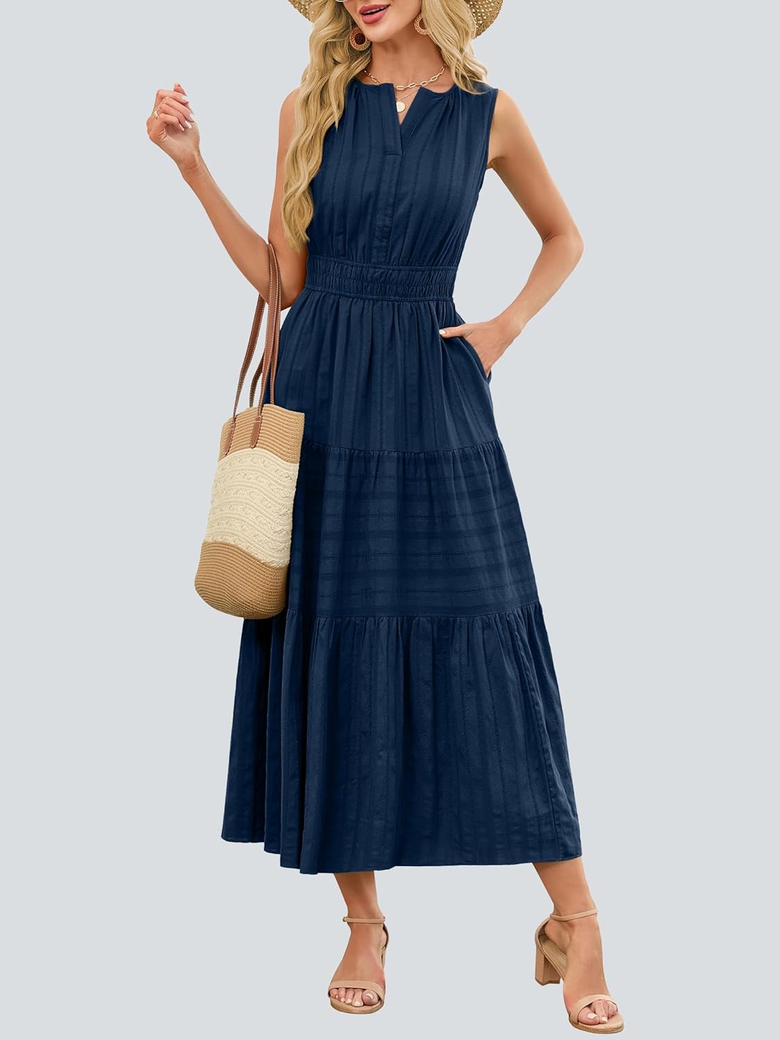 Funlingo Summer Maxi Dresses for Women Casual Sleeveless V Neck Elastic Waist Midi Wedding Guest Beach Dress with Pockets - Image 2