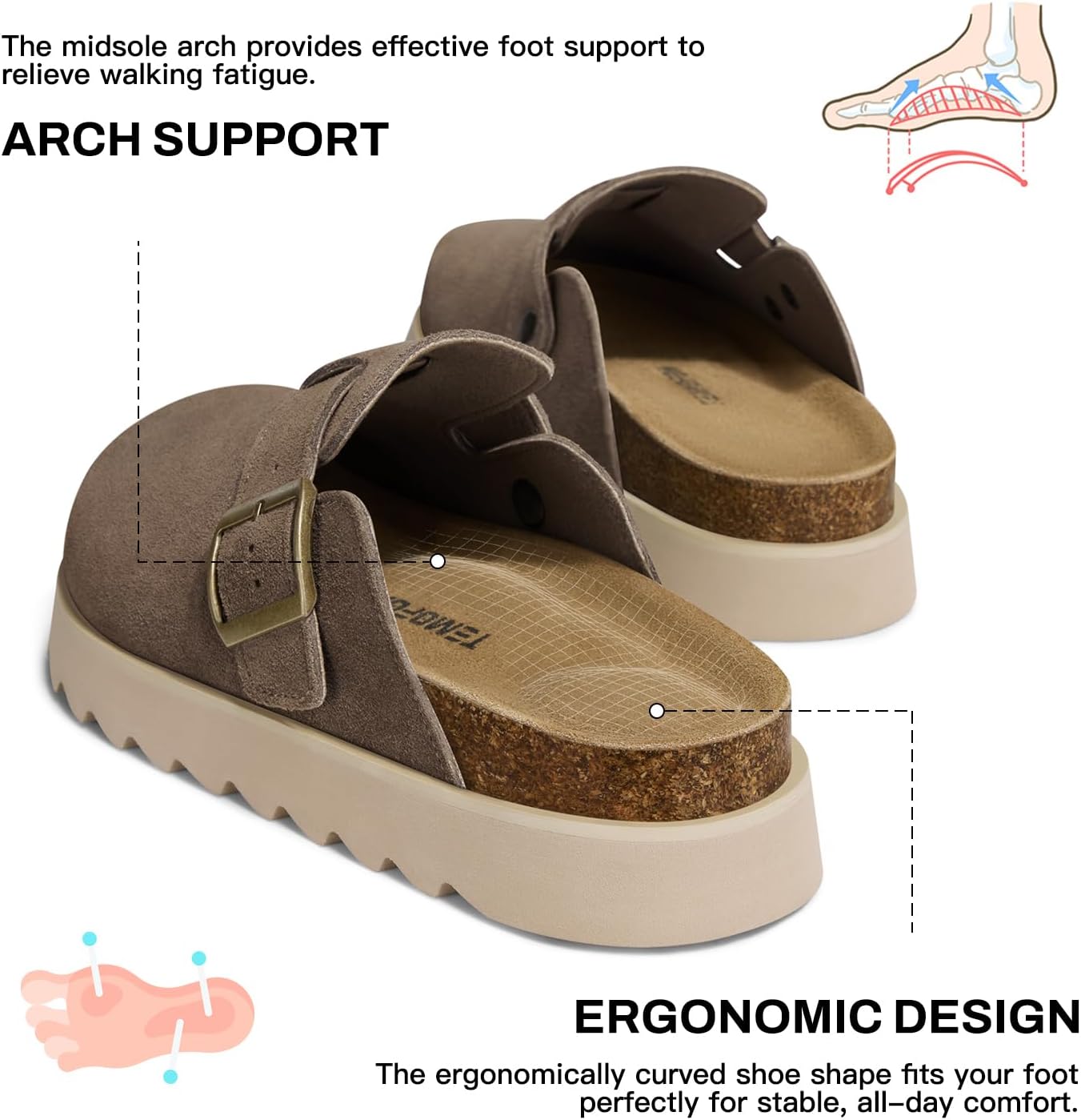 TEMOFON Women's Platform Clogs Shoes: Genuine Leather Slip on Mules Comfortable Cork Footbed Closed Toe Sandals Shoes Brown Size 8