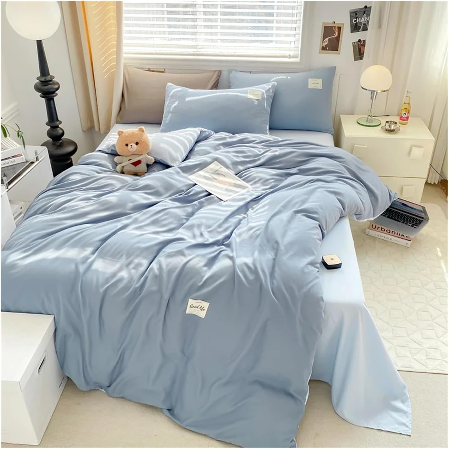 Solid Color Simple Couple Bed Quilt Cover Bed Linen Bedding Set Washed Cotton Four-Piece Bed Sheets Set Comfort Sets,Bedding