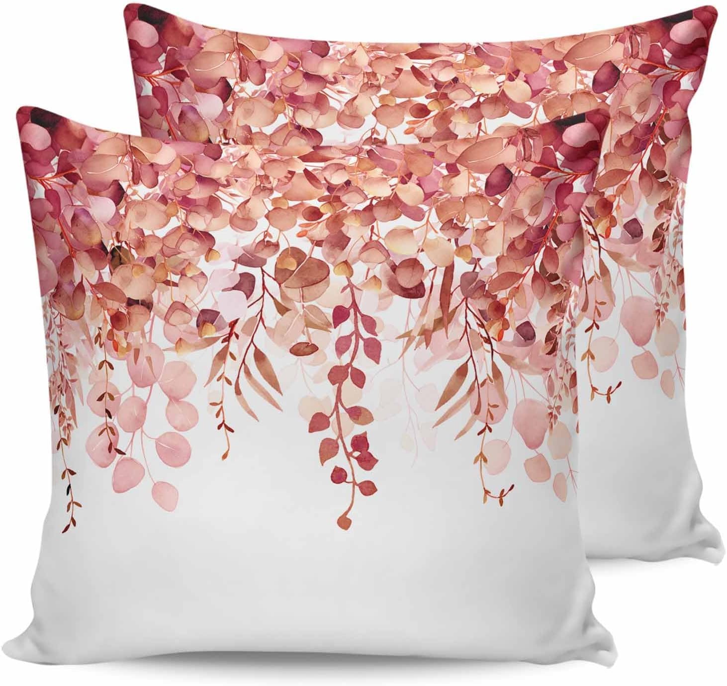 Yukro Farmhouse Outdoor Waterproof Pillow Covers Pack of 2, Watercolor Red Eucalyptus Leaves Rustic Decorative Throw Pillowcases Botanical Cushion Covers for Garden Patio Tent Sofa Couch, 24x24 inch