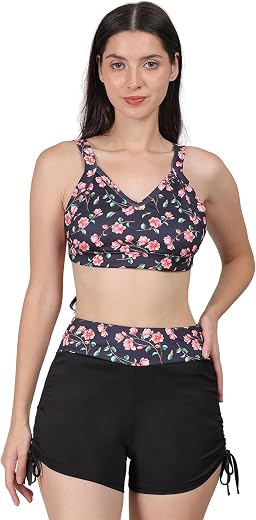 MEGASKA 2 Piece Swimsuit with Bikini Top &amp; High Waist Side Drawstring Boyshorts Swim Set Swimwear for Women