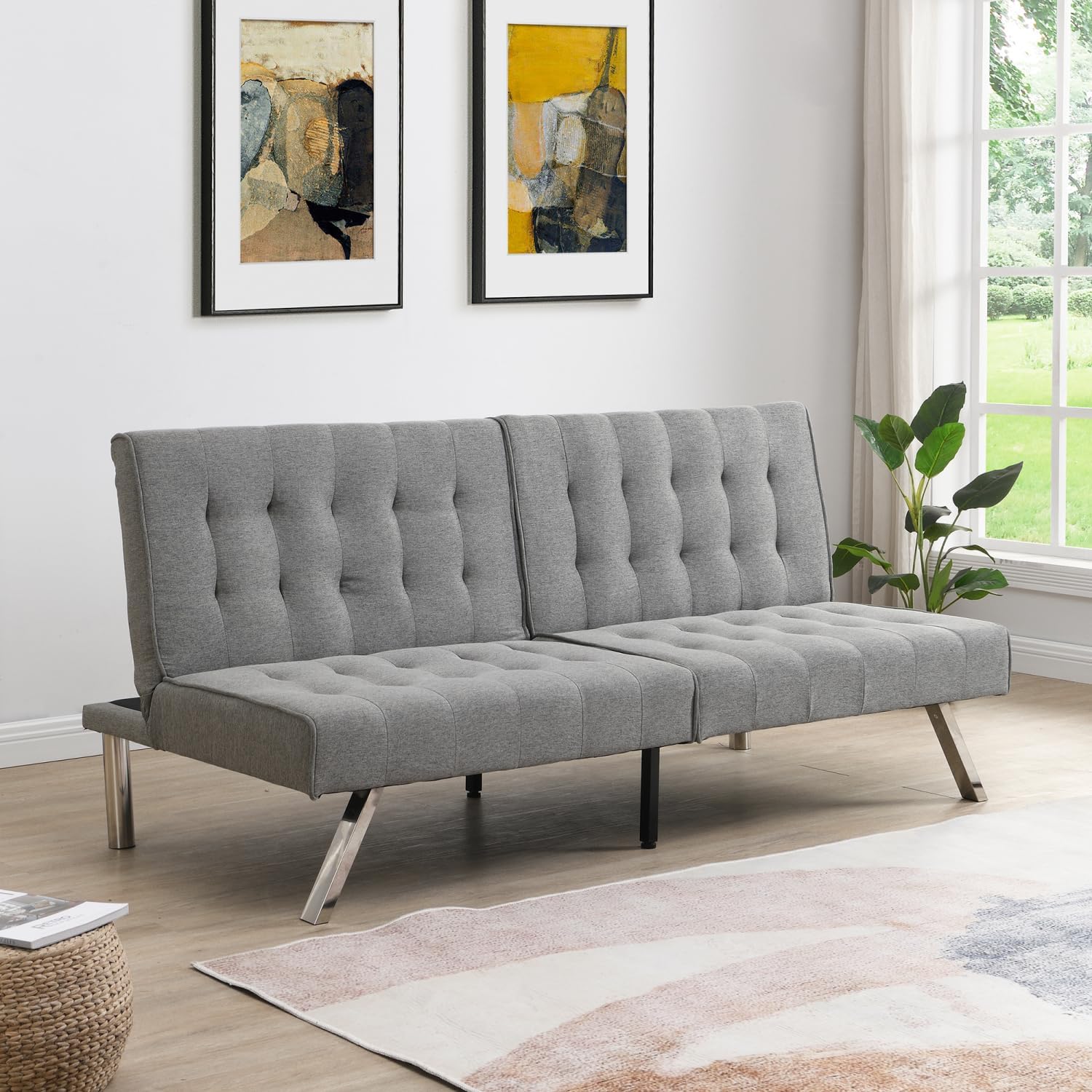 Wood Frame Stainless Leg Futon Sofa Bed Grey