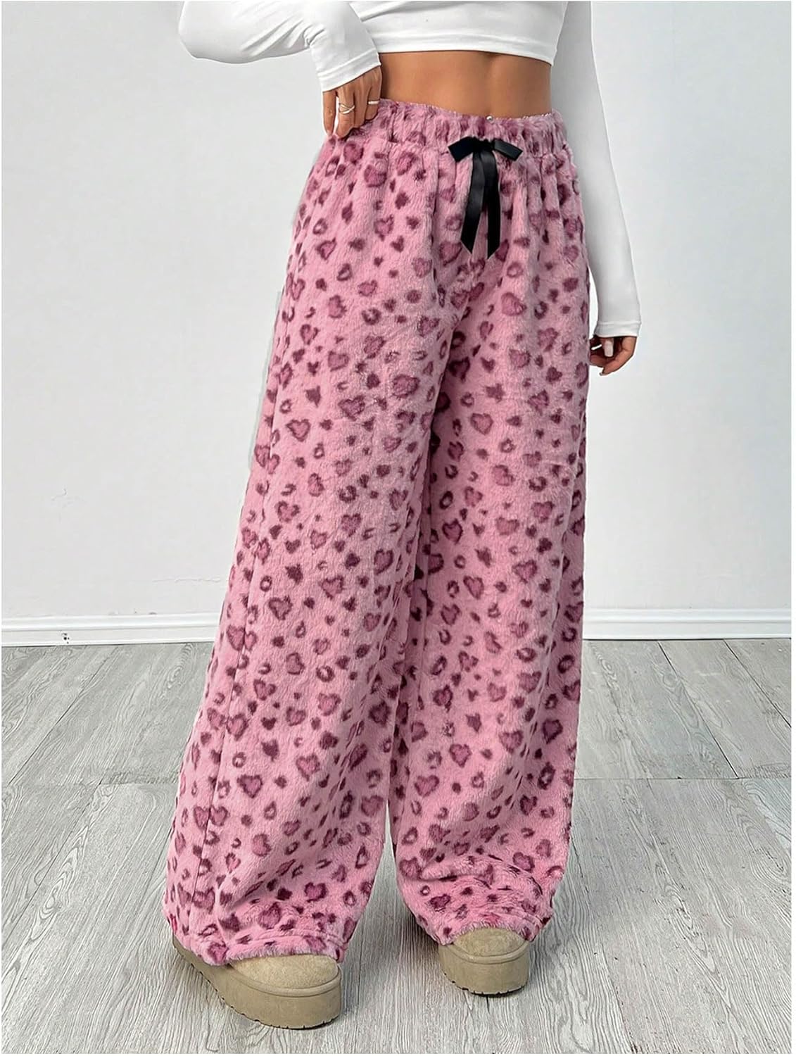 SHENHE Women's Fuzzy Leopard Print Pajama Pants Wide Leg Baggy Y2k Plush Lounge Trousers - Image 2