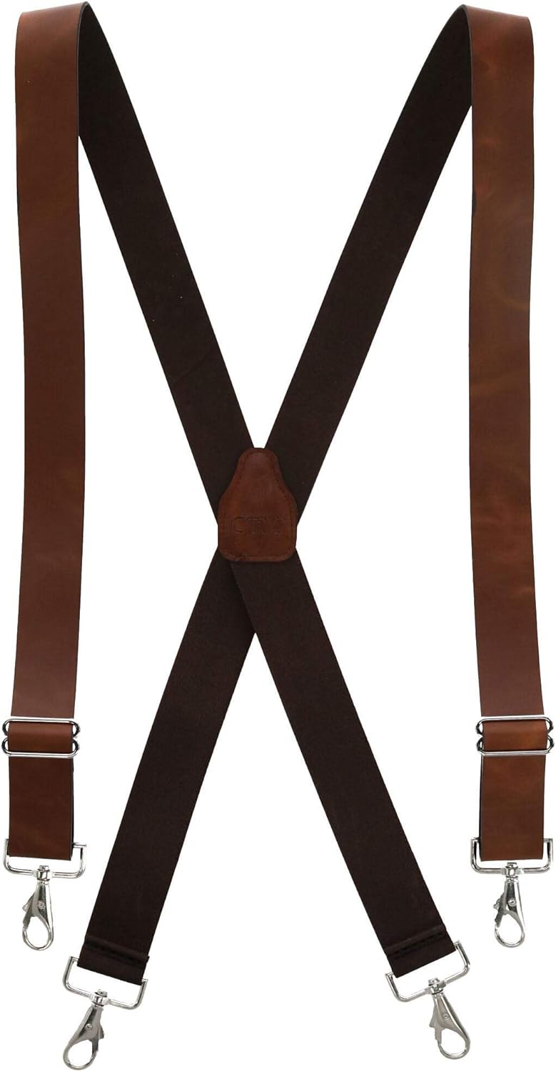 CTM Men's Smooth Coated Leather Wide Width Suspenders with Metal Swivel Hook Ends