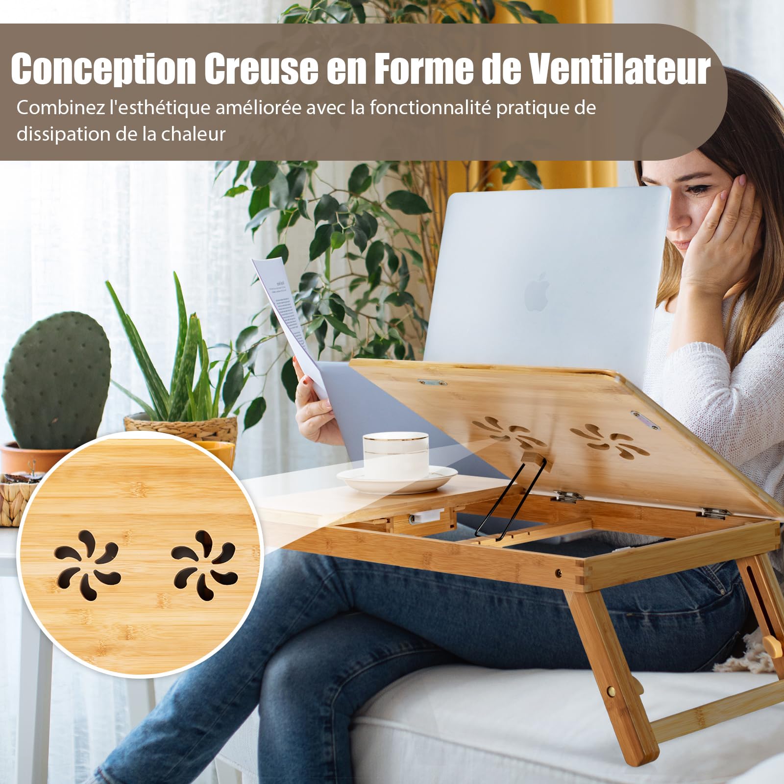 COSTWAY Table de Lit Pliable 53 x 33 cm, Plateau de Lit en Bambou avec Pieds Réglables et Plateau Inclinable, Support d'Ordinateur Portable avec Tiroir et Trous d'Aération (Naturel)