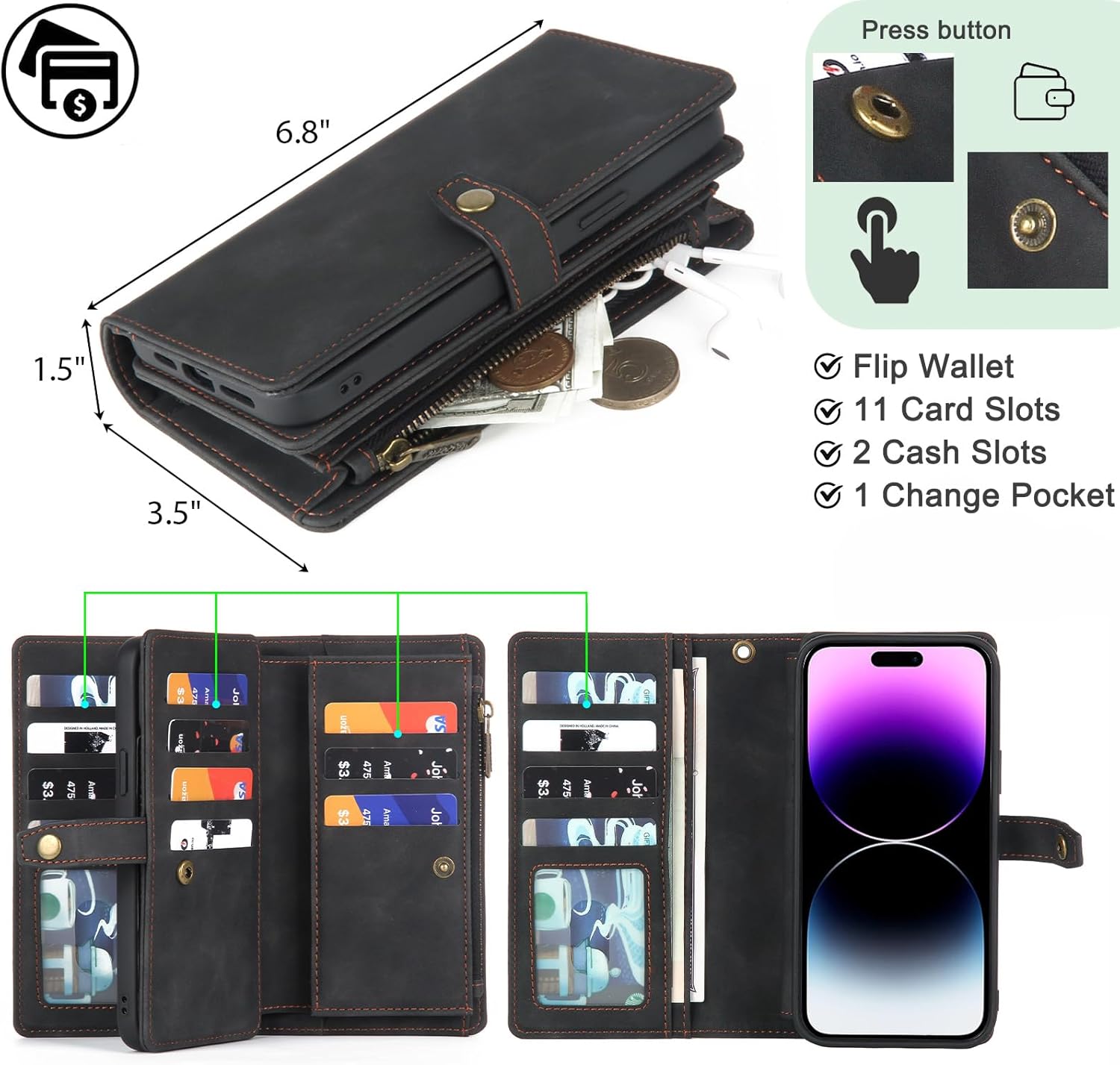 TwoHead Wallet Case Compatible with iPhone 15 Pro Max,Detachable Magnetic Phone Case,All-Round Shockproof Protective Leather Phone Case with Card Holder,6.7 in,Black - Image 3
