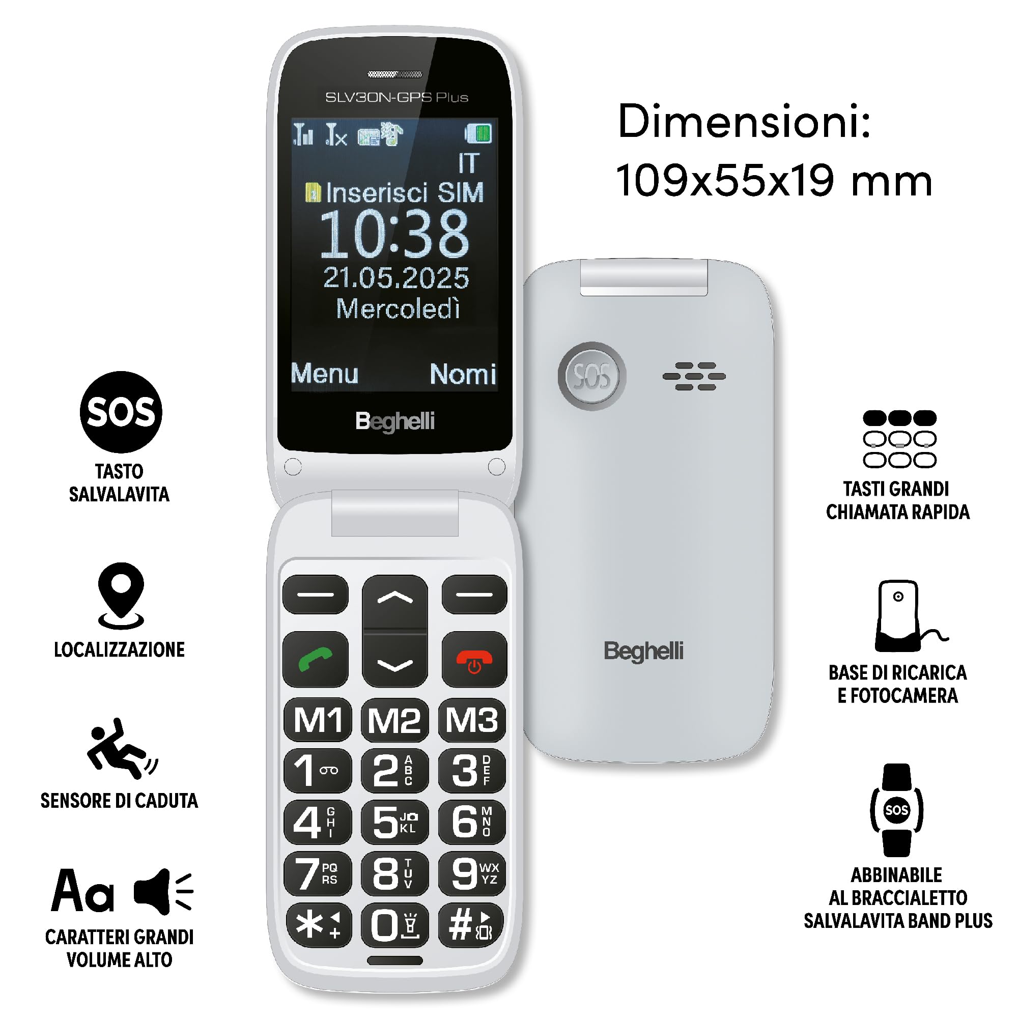 Beghelli Telefono Salvavita per Anziani, Salvalavita Phone SLV30N-GPS Plus Ecodesign - Telefono Tasti Grandi e Pulsante di Emergenza SOS, Sistema di Allarme, per Anziani e Disabili, GPS/Wi-Fi (Grigio)