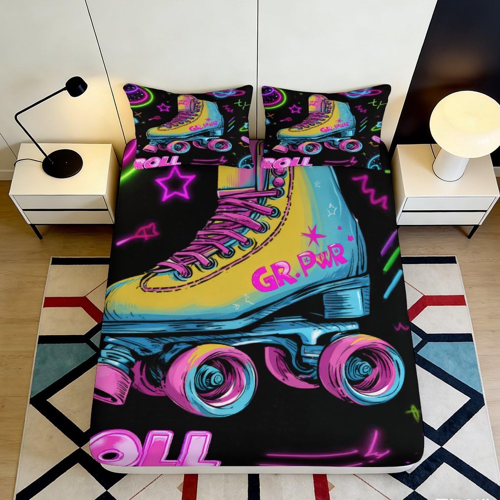 3D Printed Retro Roller Skate Fitted Sheet Microfiber Soft Neon Graffiti Bed Cover for Bedroom Dorm Mattress Decor 90x200x25cm