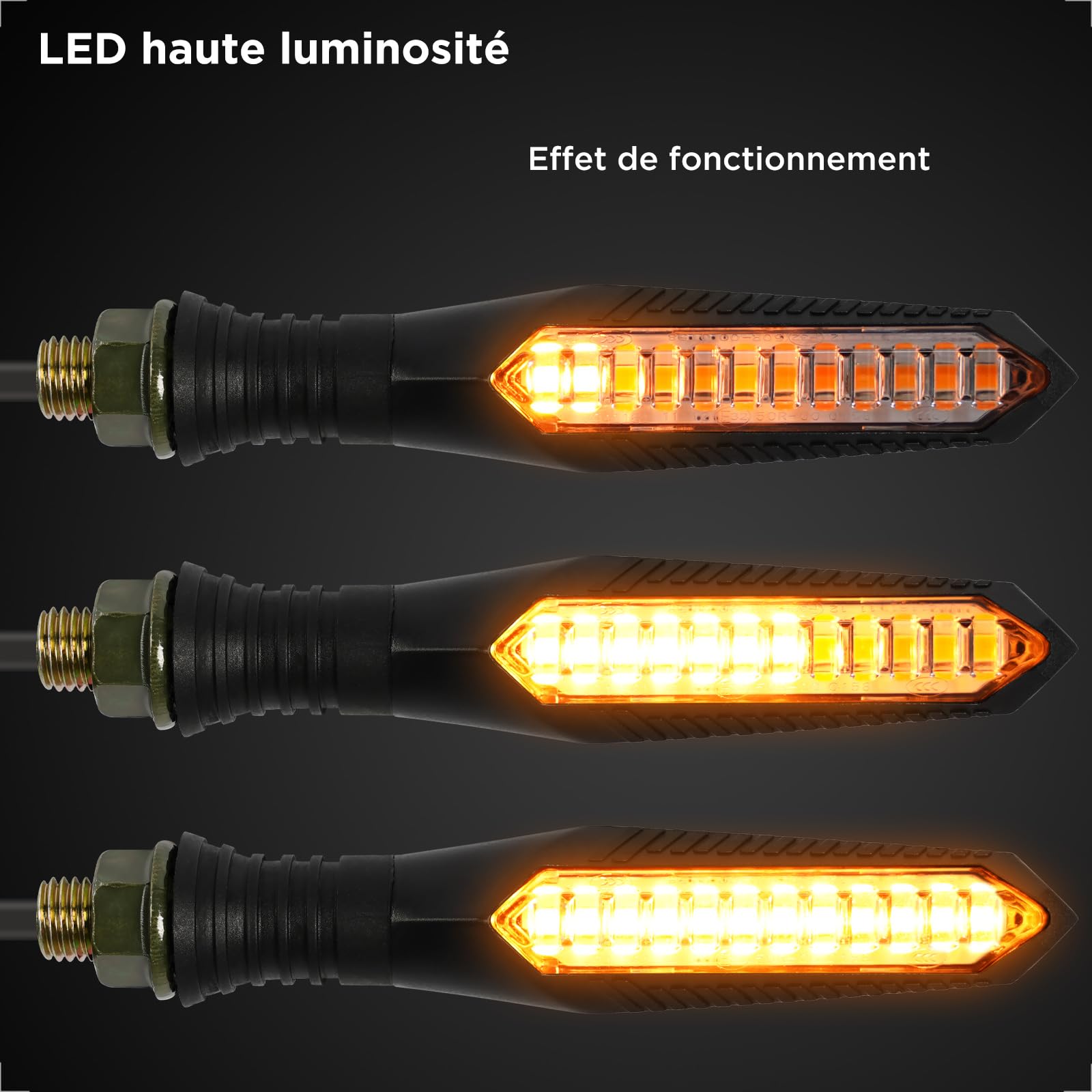 evermotor 2 Pièces Clignotant Moto LED Séquentiel E32 Homologué Universels 12V Indicateurs de Moto Flowing Mode, Étanche, Haute Luminosité | IP67 Etanche Longueur Câble 300mm Moto Scooter