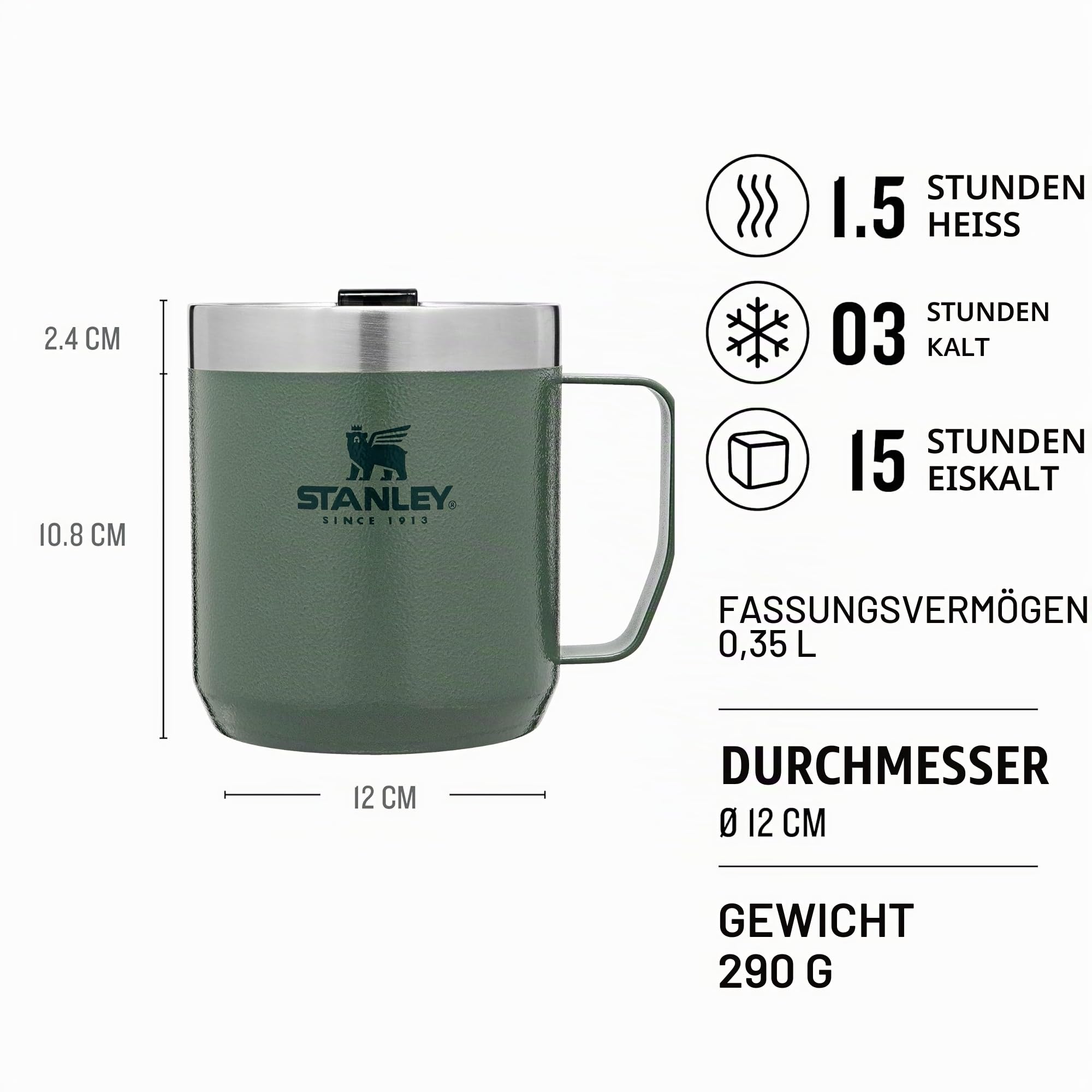 STANLEY 1913 Camp Mug mit Perfect Brew Set 0.35L - Hammertone Green | Hält 4 Std. heiß - 5 Std. kalt - Spülmaschinenfest - Tragegriff - Edelstahl