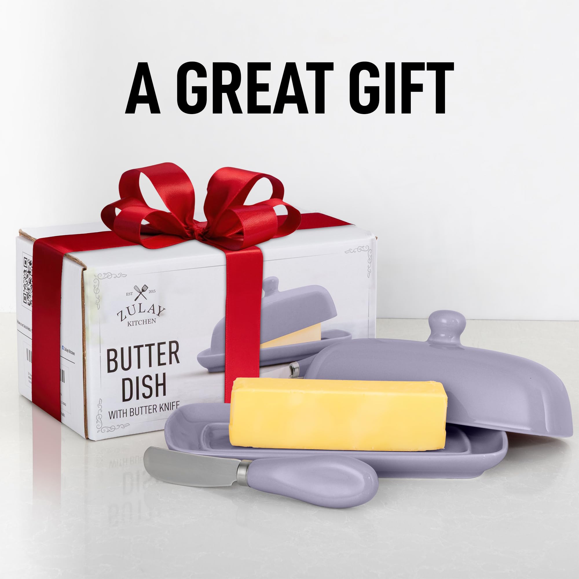 Zulay Beurrier avec couvercle pour comptoir – Beurrier en porcelaine blanche avec poignée à bouton – Idéal pour la cuisine – Porte-beurre au design élégant – Durable et robuste – Pervenche