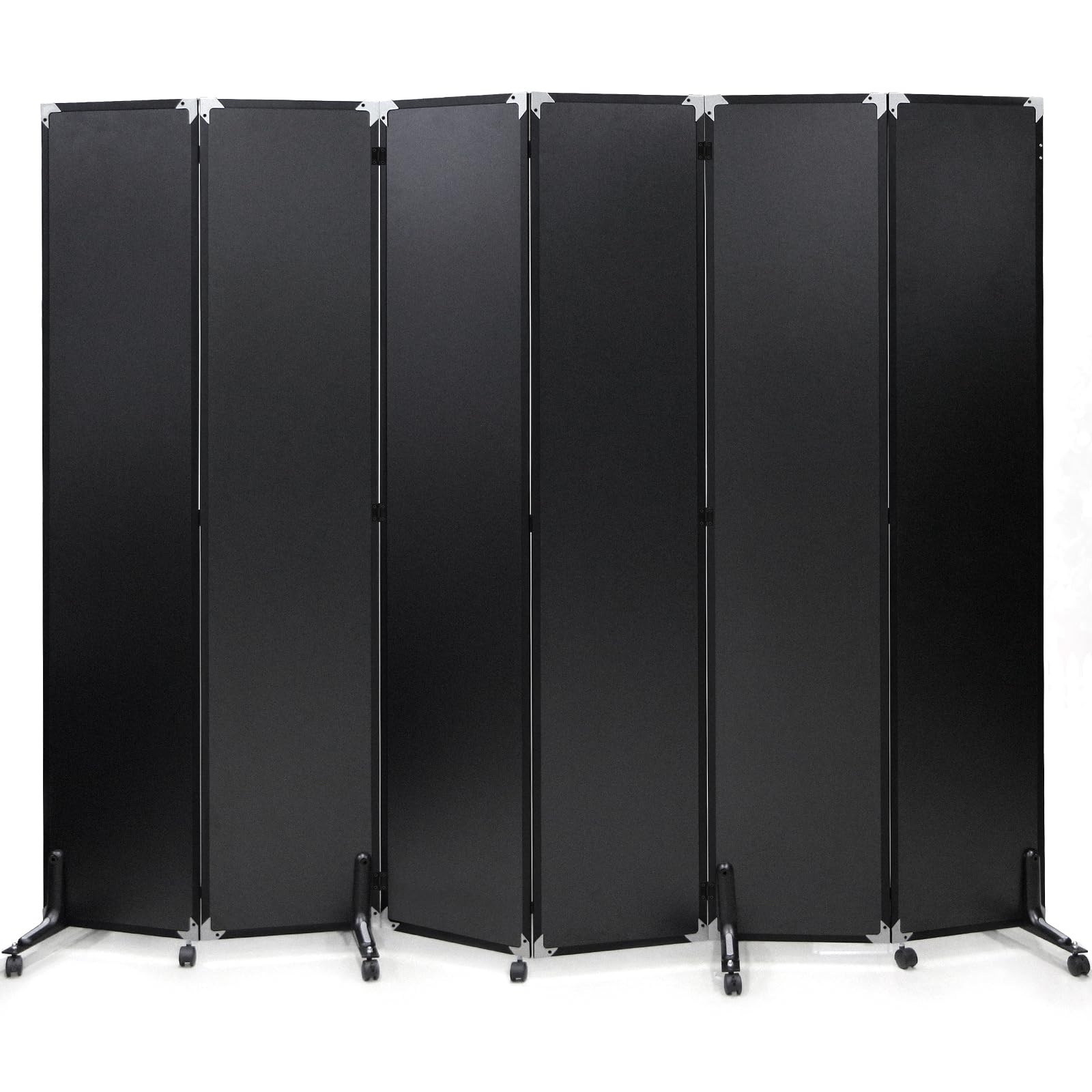 Solid Wood Board & Aluminum Frame 6 Panel Room Divider Black on Wheels, 6ft Tall Extra Wide, Portable Office Dividers Partition Wall Privacy 96" W x 71" H, for Dorm Studio Office