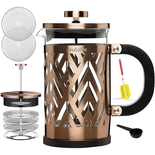 Fruitalite French Press Coffee Maker Machine 600 ML, 304 Stainless Steel Body | 4-Level Filtration System, Heat Resistant Borosilicate Glass- 2 Mesh Filters, 1 Coffee Spoon & A Cleaning Brush- Copper