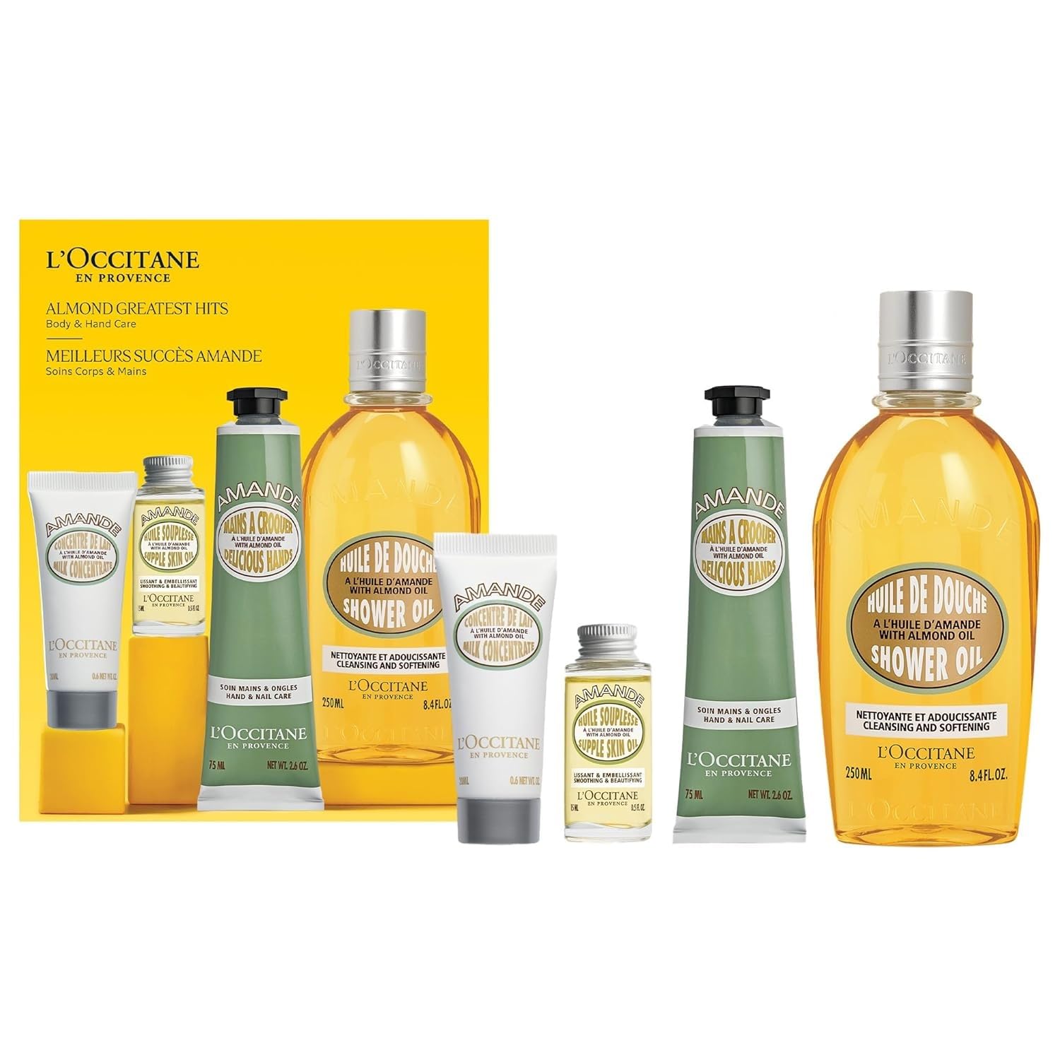 L'Occitane Almond Greatest Hits: Cleansing Shower & Supple Skin Oils, Moisturizer & Hand Cream, Purifies, Hydrates, Smooths Skin, Bath & Body Mother’s Day Gift Set