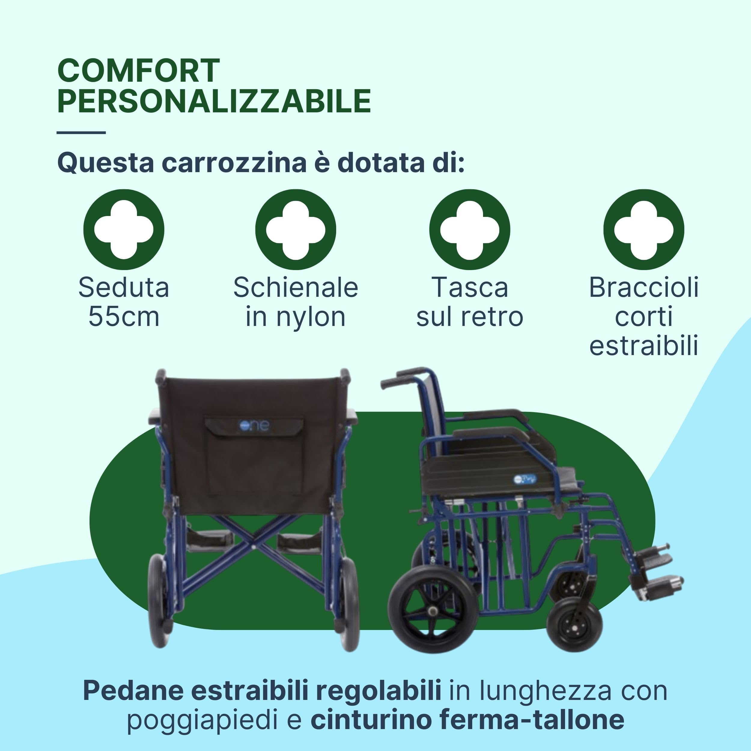 Sedia a Rotelle Bariatrica da Transito, Seduta 55 cm, Blu | Carrozzina per Disabili in Acciaio Pieghevole, Portata Massima 200 kg