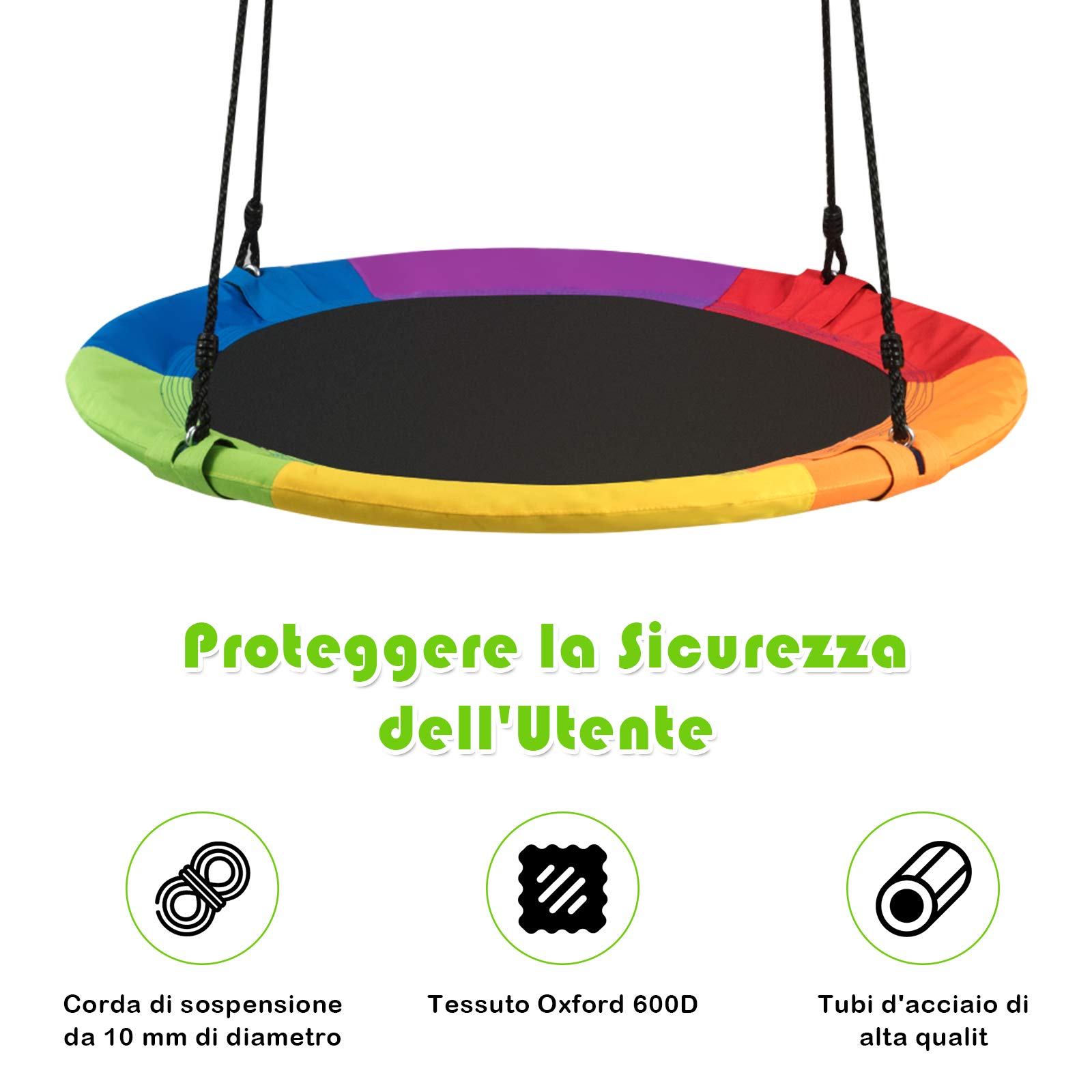 Altalena da Giardino Rotonda a Nido per Interni/Esterni Portata Max. 150 kg Diametro 100 cm Multicolore