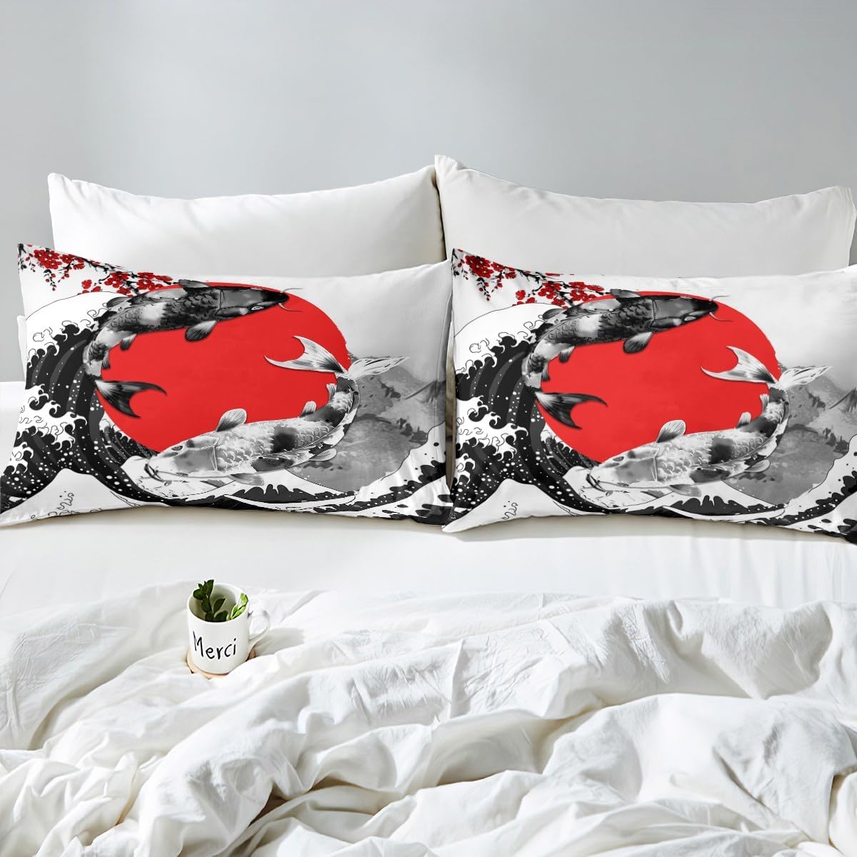 Mount Fuji Sheet Sets Japanese Style Koi Fish Bed Sheet Ukiyo-E Theme Fitted Sheet Mountain Cherry Blossom Red Sun Ink Painting Top Sheet 3 Pieces with 1 Pillow Case, Twin Size Black White