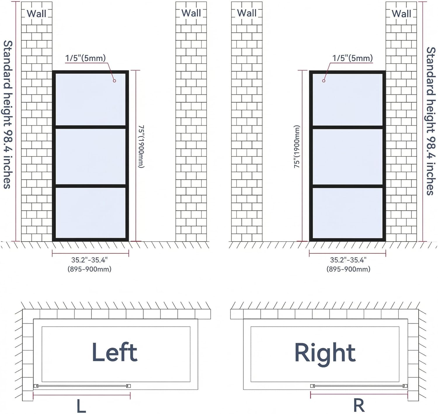 Findepot Fixed Shower Glass Panel 36" W × 75" H, 1/5"(5mm) SGCC Clear Tempered Glass Shower Door, Framed Bathroom Shower Screen, Matte Black, Adjustable Support Bars & 3 Pieces Divided Pattern
