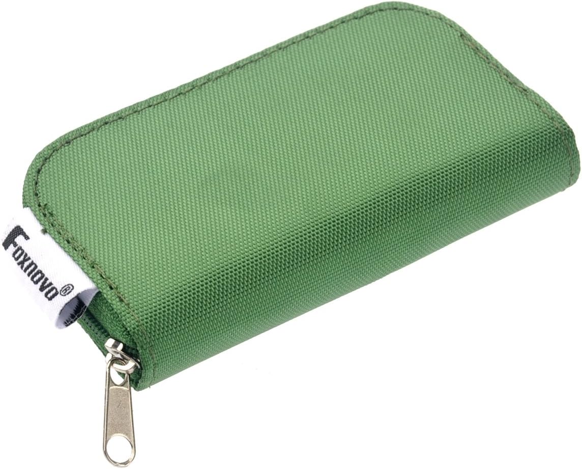 Foxnovo 22-Slots SD SDHC MMC CF Micro SD Memory Card Holder Pouch Case Zippered Storage Bag Protector (Green)
