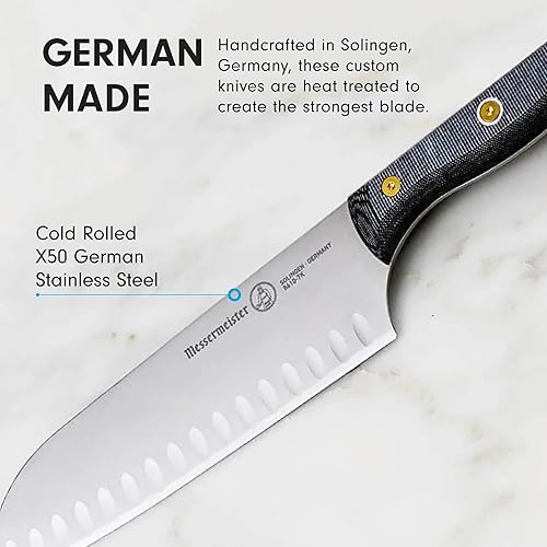 Miniatura 5 de Messermeister Cuchillo Kullens Santoku personalizado de 7 pulgadas, acero inoxidable alemán X50, resistente a la corrosión y fácil de mantener,