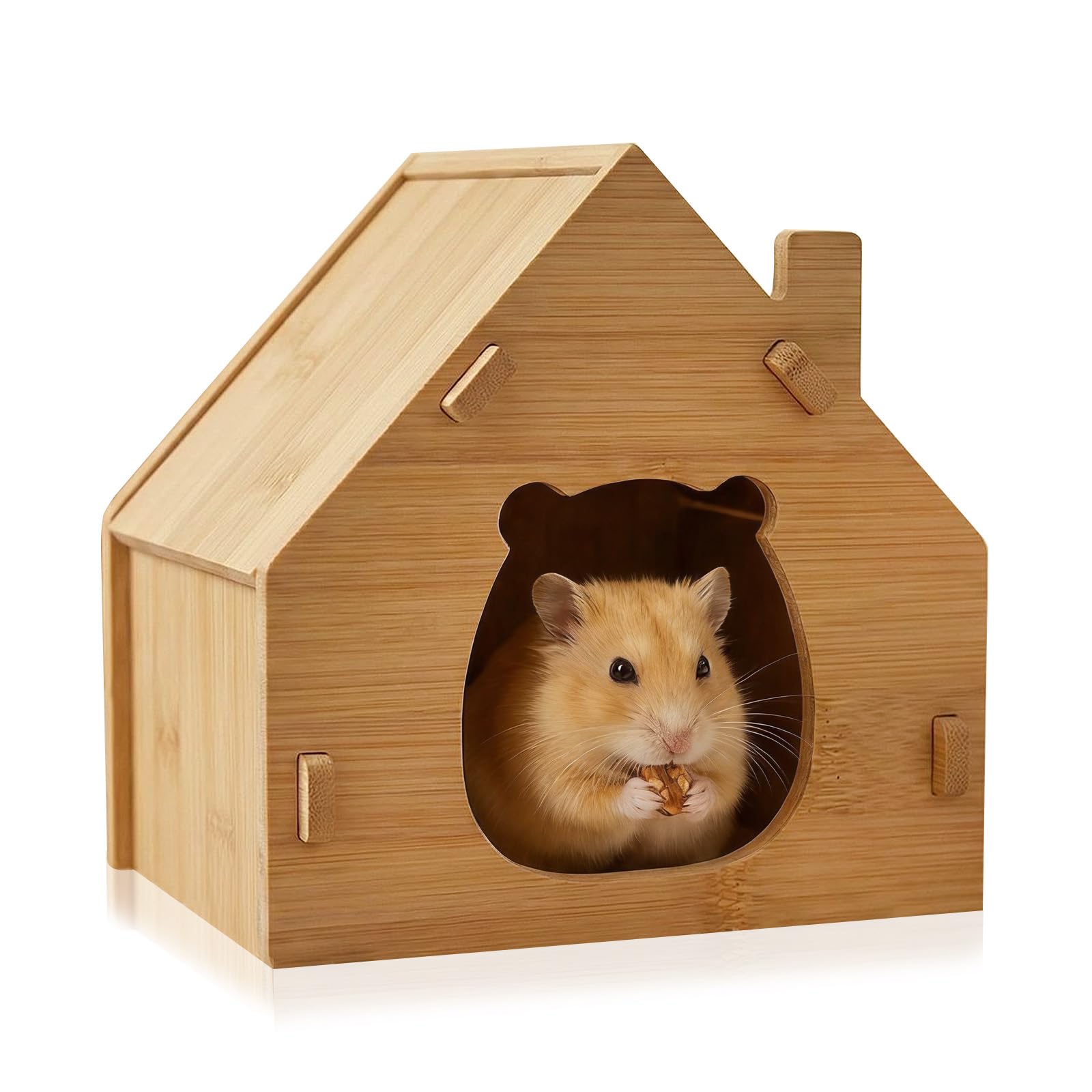 Mimi Hamster House, Natural Bamboo Small Animal Hide with Large Opening Design Detachable Hideout for Hamsters Guinea Pig Dwarf Rabbits Gerbils Rat (14.5x13x14.5cm)