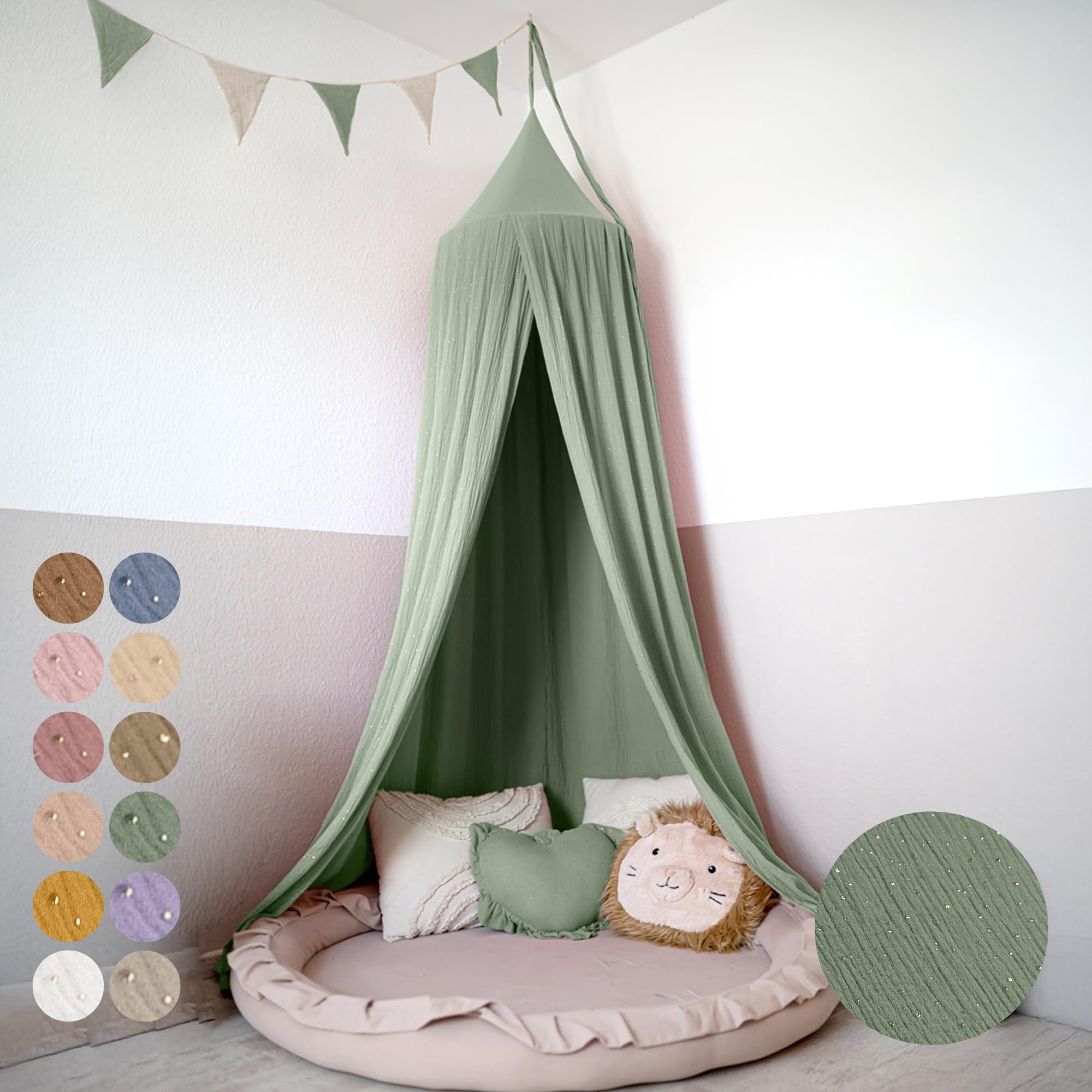 lilimaus Baldachin Kinderzimmer mit Goldapplikation [in 12 Farben] Betthimmel aus 100% Baumwolle Musselin Mädchen & Jungen - Babybett Himmel als Babyzimmer Deko - Vorhang für Kinderbett, Kuschelecke