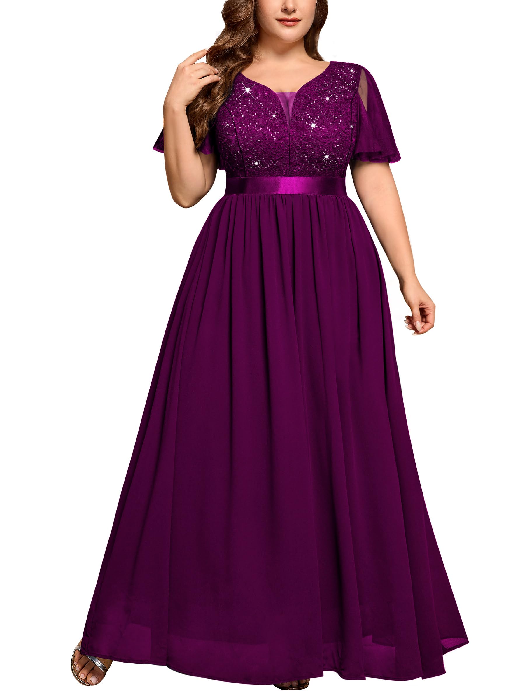 MISSMAY Abito da donna, taglie forti, vintage, con maniche svolazzanti, scollo a V, pizzo e paillettes, abito da cerimonia nuziale, cerim