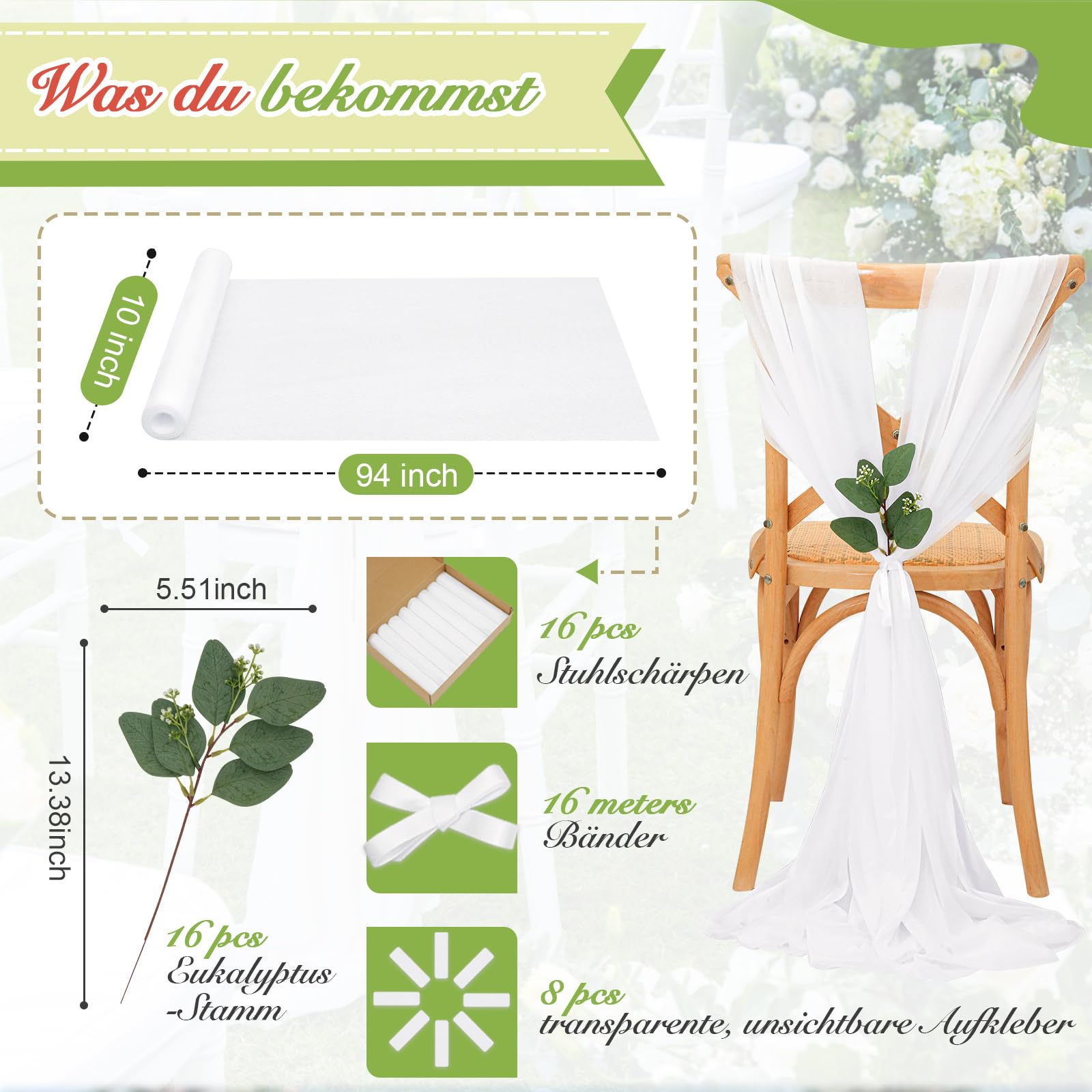 16 Stück Stuhlhussen Hochzeit Weiß 26x240cm – Chiffon Stoff Stuhlschleifen Stuhldeko Tüll Stuhlschärpen Kirche Bankreihe Hochzeit Party