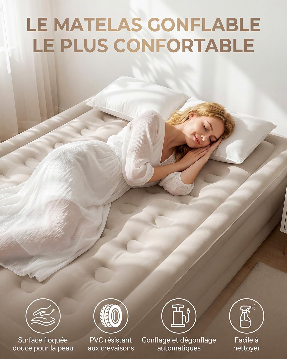Matelas Gonflable 2 Personnes 203x152x40cm, 40 Chambres d’Air, Surface Floquée Douce, Charge Max 300 kg, Matelas Gonflable avec Sac de Transport et 2 Oreillers, Idéal Invités Maison Camping, Kaki