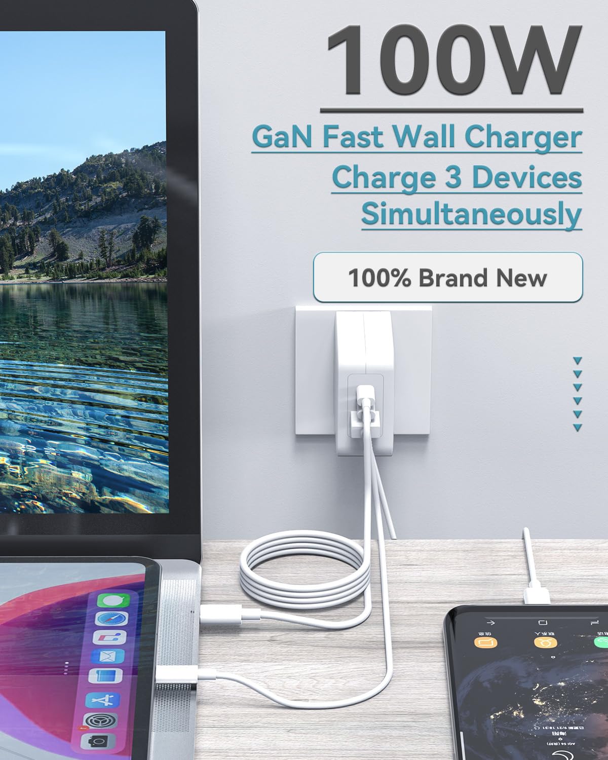 BIUBOTY Ładowarka USB C, 100 W, zasilacz 3-portowy, GaN PD, ładowarka z szybką ładowarką PPS, kompatybilna z MacBookPro, MacBook Air, iPad, iPhone 14/14 Max/13/12, S22, S21 i innymi, biała