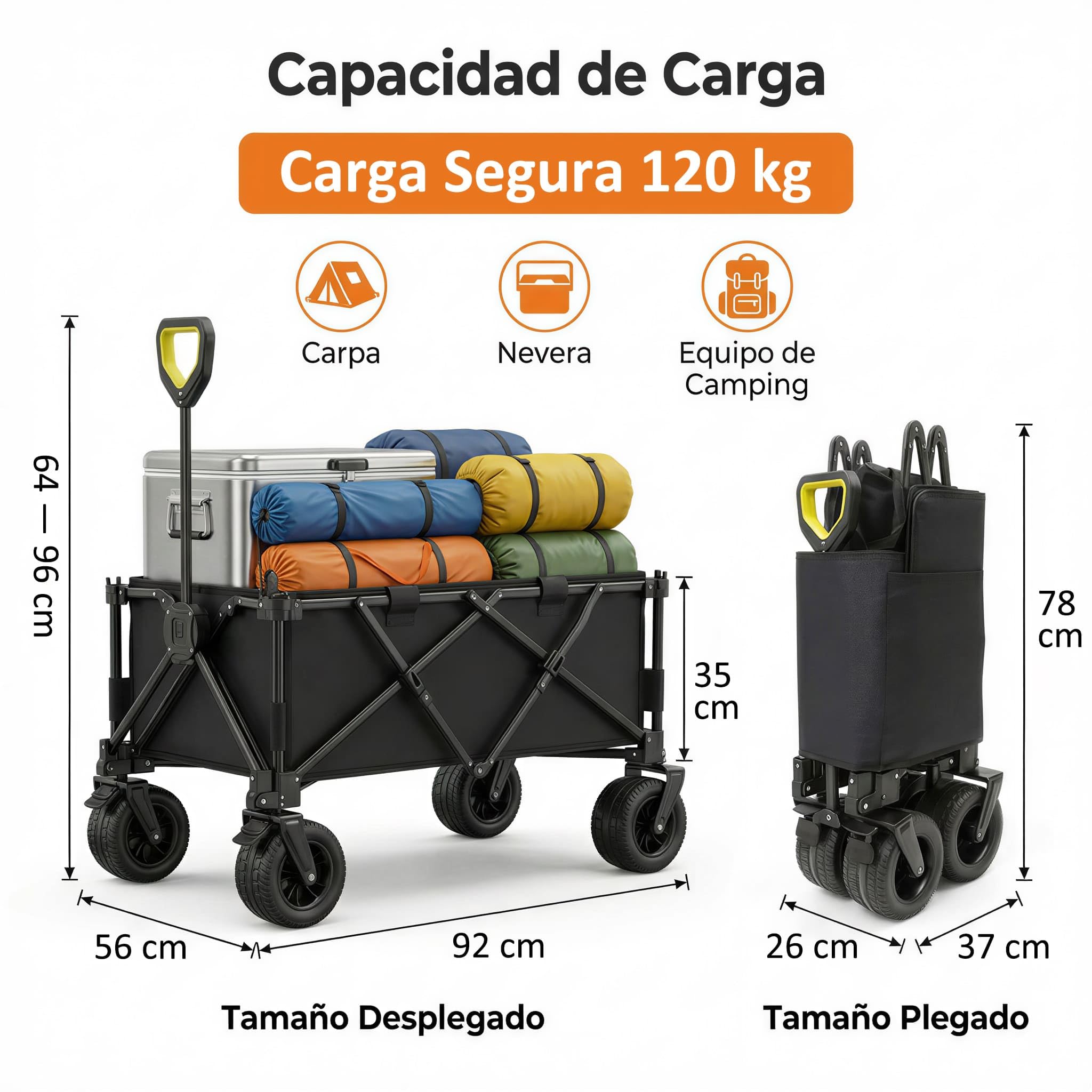Carrito Plegable de Playa y Camping 120 kg, Carro de Transporte con Ruedas Anchas Todoterreno 360°, Tela Oxford 600D Impermeable, Mango Telescópico, Freno, Base Reforzada y Funda, Negro