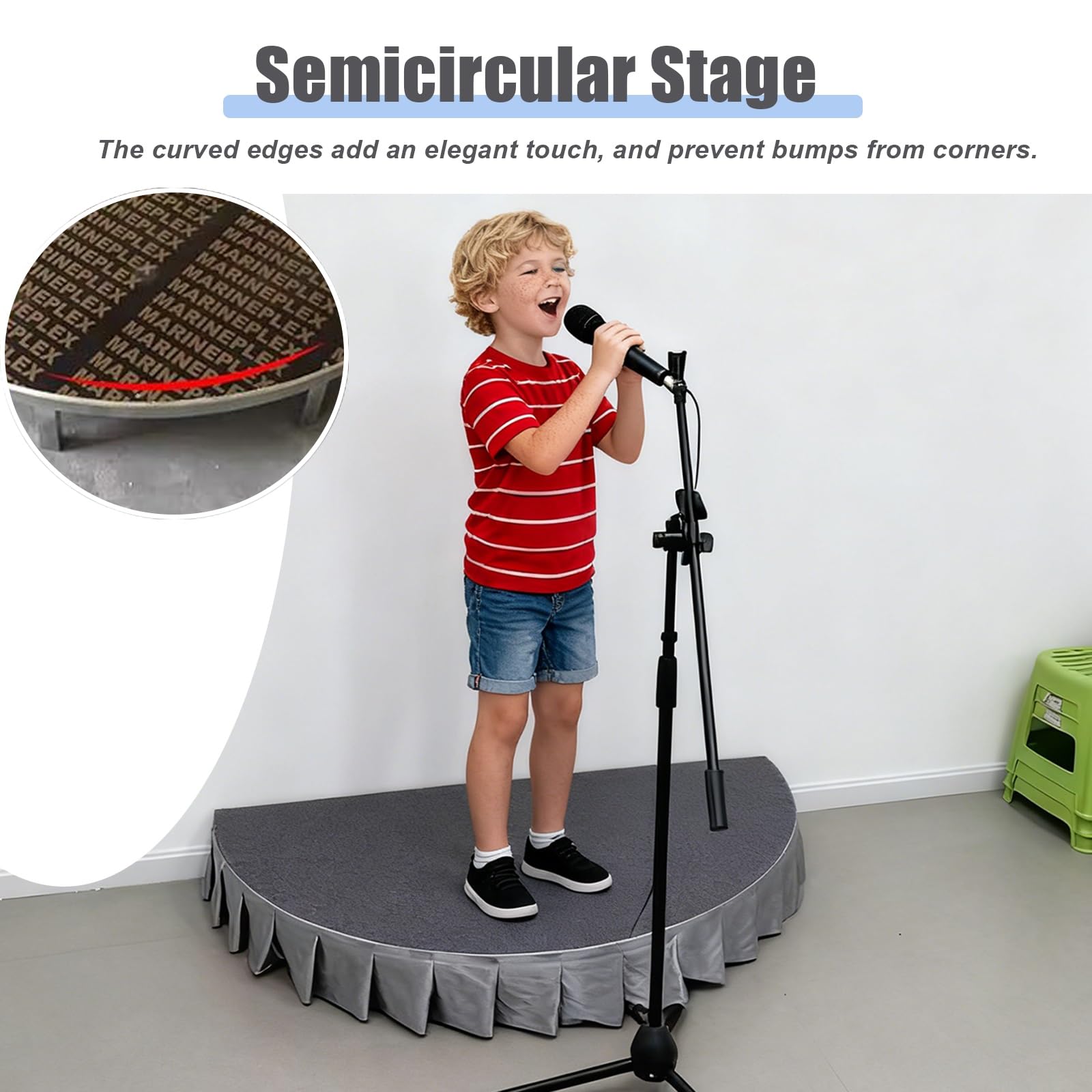 Piattaforma per palcoscenico a mezza luna, rialzo portatile ad alte prestazioni, superficie antiscivolo in moquette per asilo e aule, 100/120 cm, design pieghevole