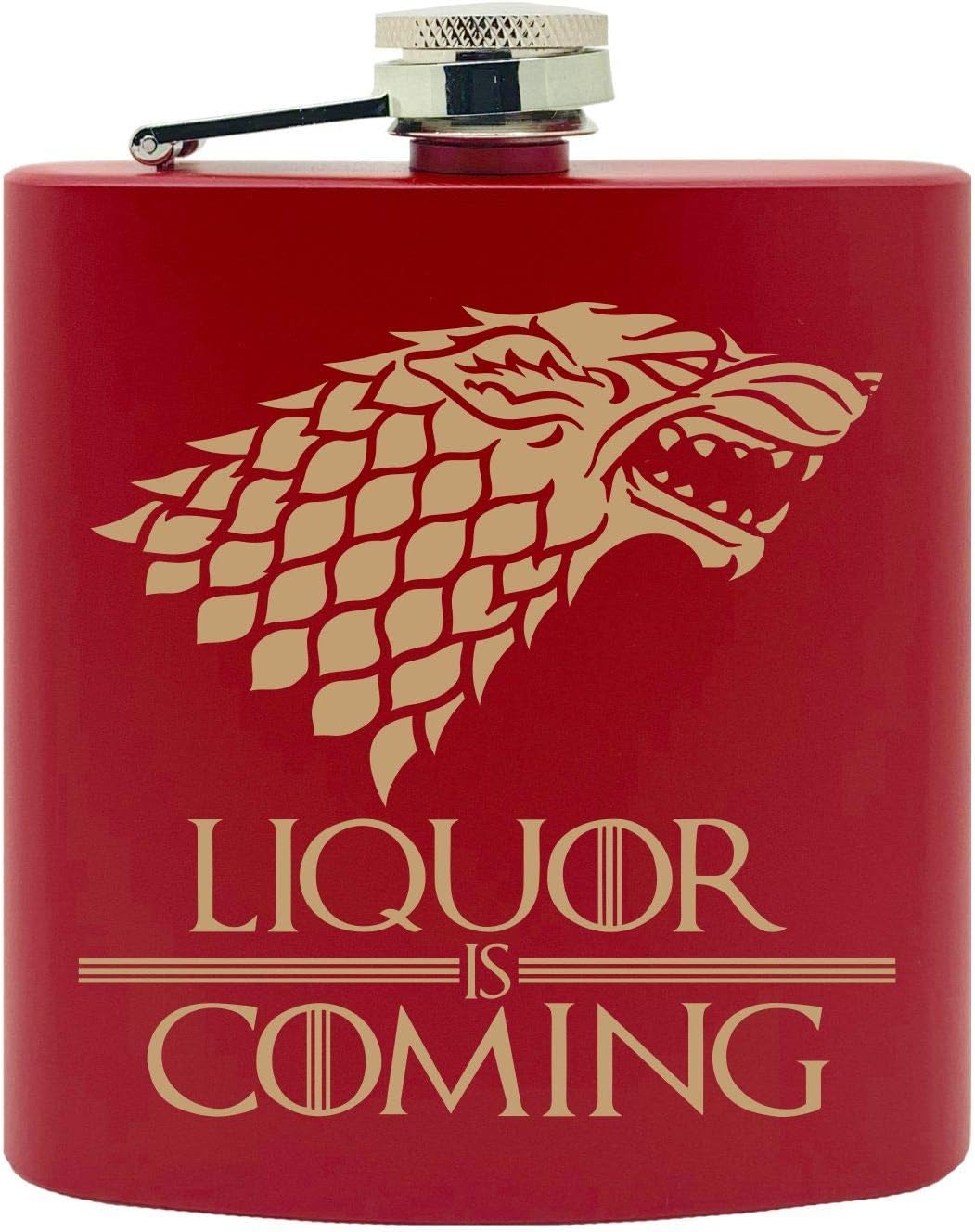 "Liquor is Coming" GoT Inspired Super Fan Gold Wolf Design Custom Printed Stainless Steel Alcohol Hip Flask, 6 Oz. Black