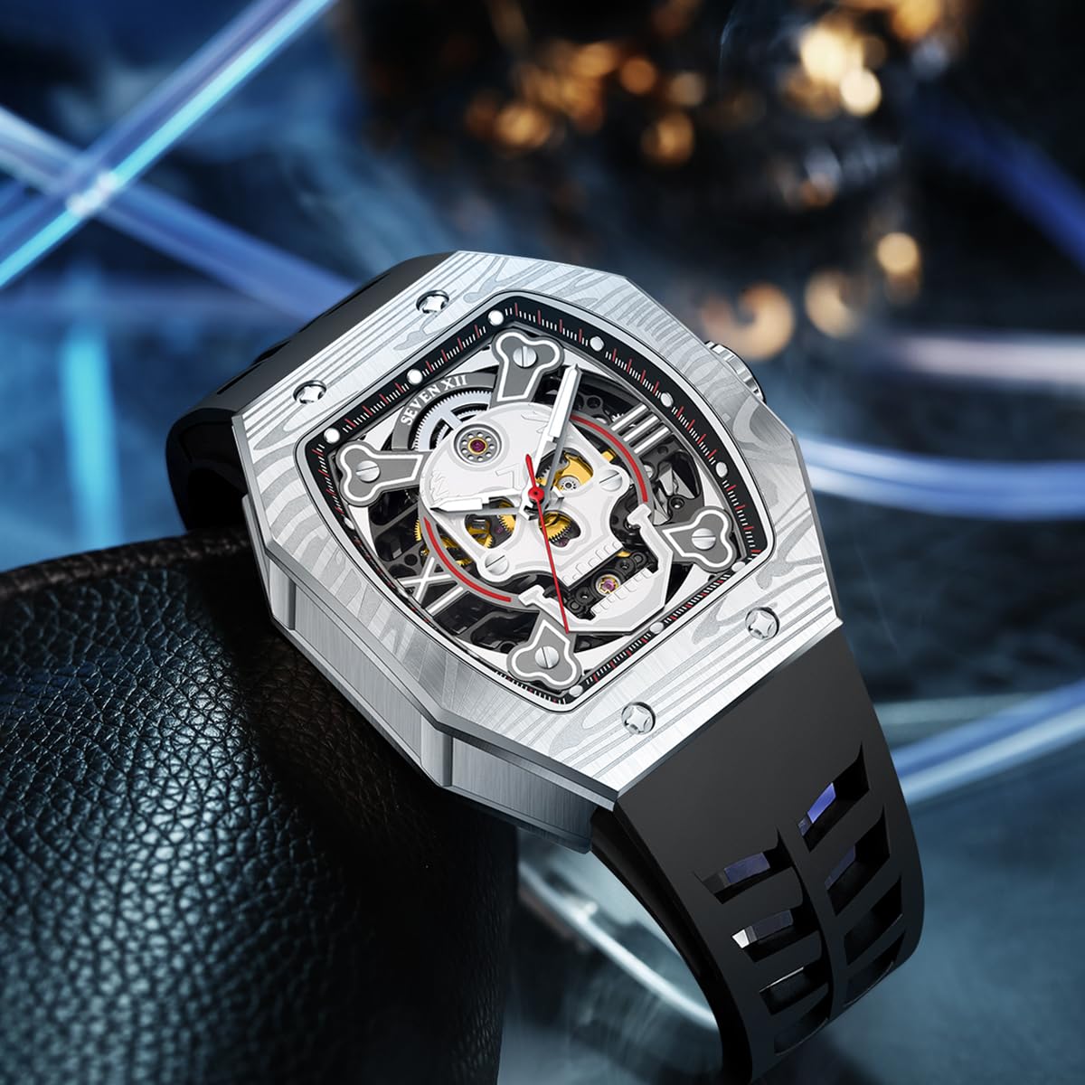 Automatische Herren Uhren Tonneau Schädel Skelett Zifferblatt 70 Stunden Stromreserve Mechanische Uhren Luminöser wasserdichte Saphirspiegel Mode Luxus Uhr S001