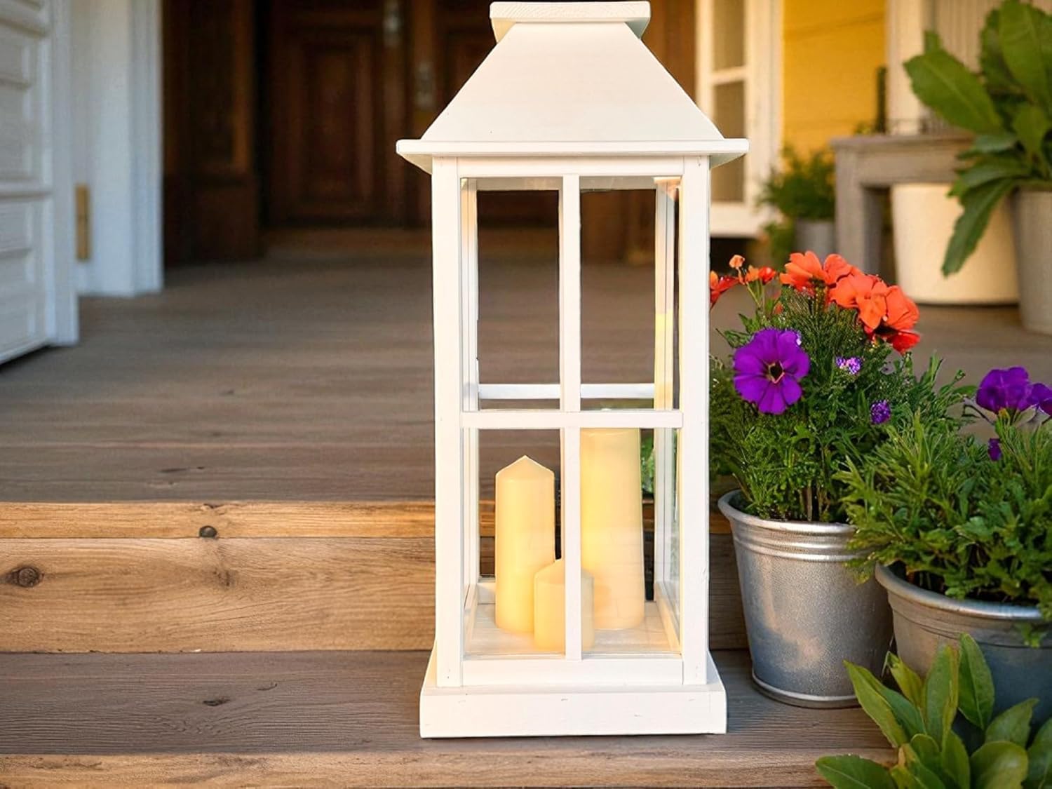 WEECO Farolillo grande de madera blanca de 74 cm – Elegante lámpara decorativa con plexiglás para salón, balcón, terraza y jardín