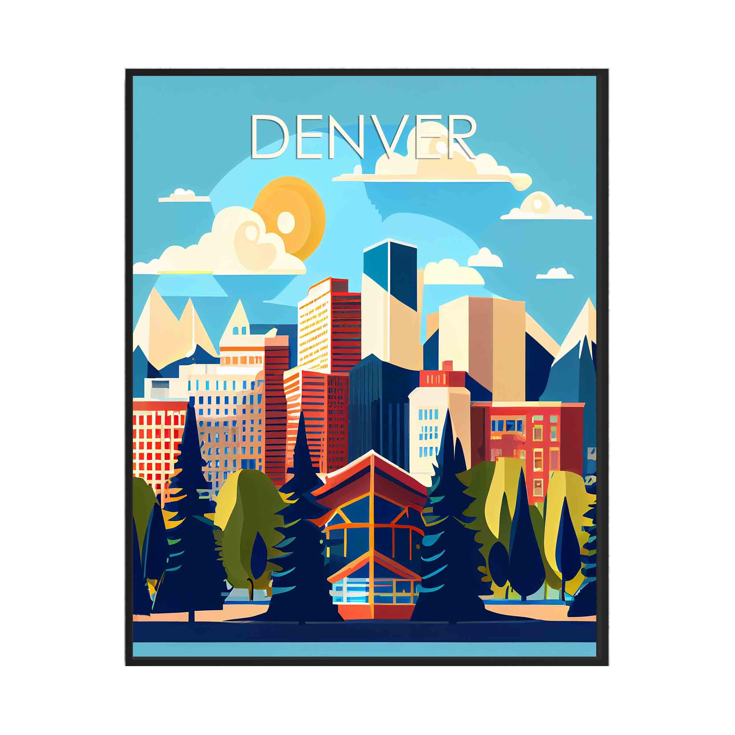 Denver Poster Art Print, Colorado Retro City Mountain and Lake Landscape Artwork, Wall Art Poster Vintage Decor Landscape Picture For Bedroom Office