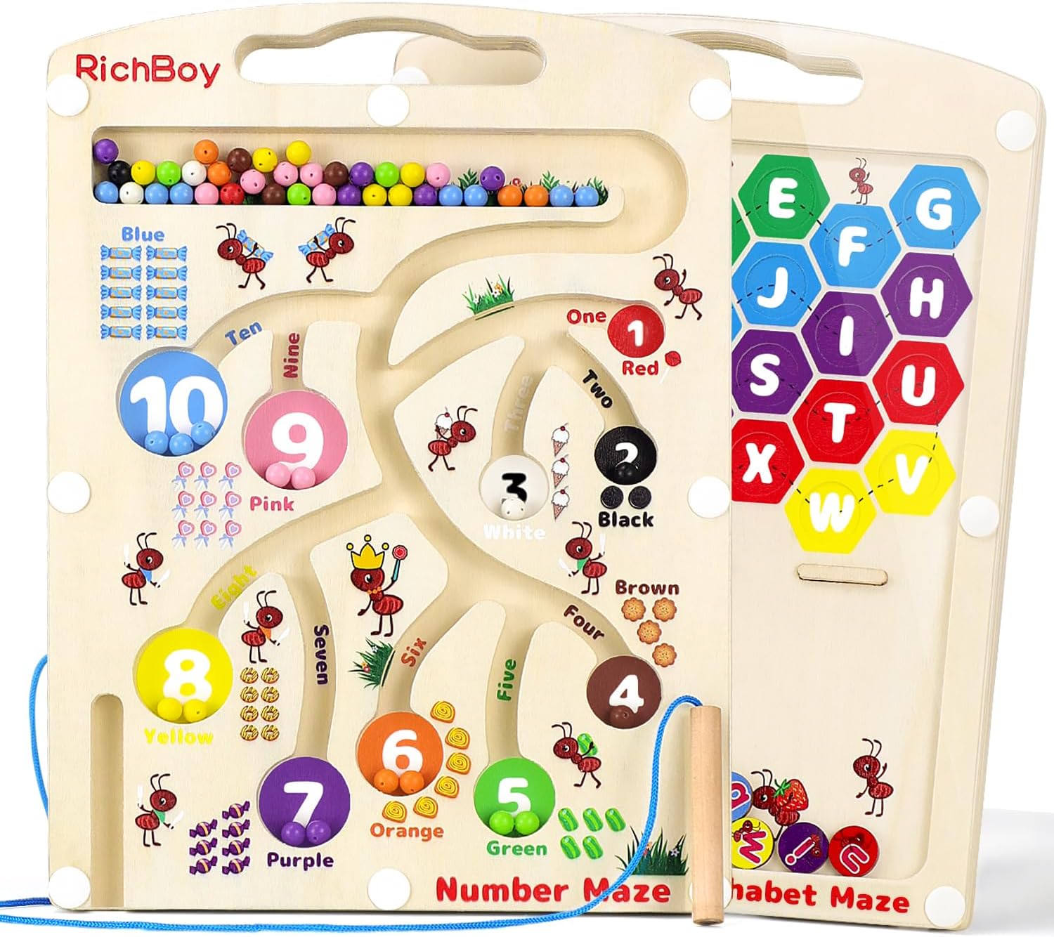 Magnetic Number Alphabet Maze Board, 2 in 1 Double Side Wooden Puzzle Color Sorting Game for Kids Age 3 4 5,Preschool Learning Activities Classroom Must Haves Toddler Fine Motor Skills Montessori Toys