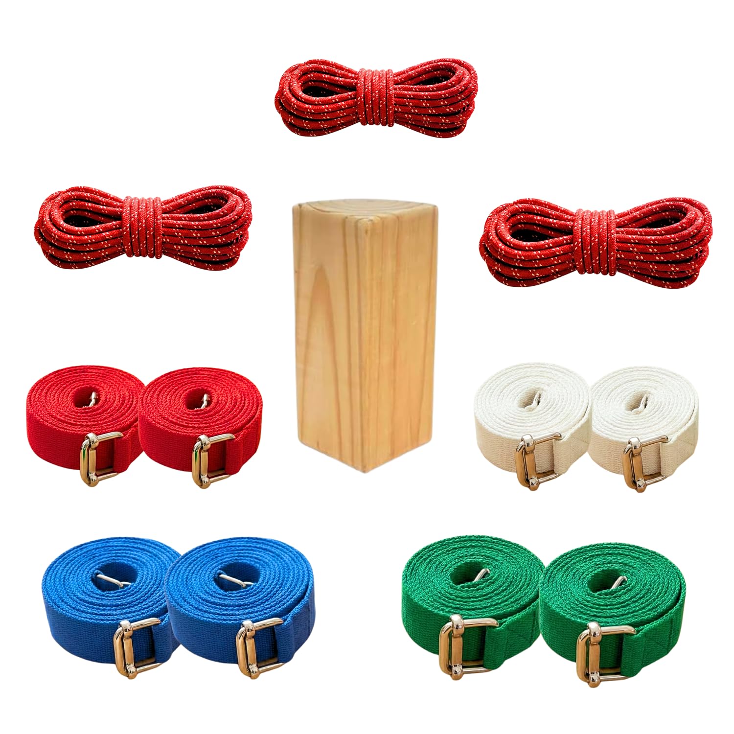 Hana Yog Medical Yoga Ropes and Belts Therapy Kit Small Medium Long Ropes Blue Red White Green Belts Wooden Block-image-4