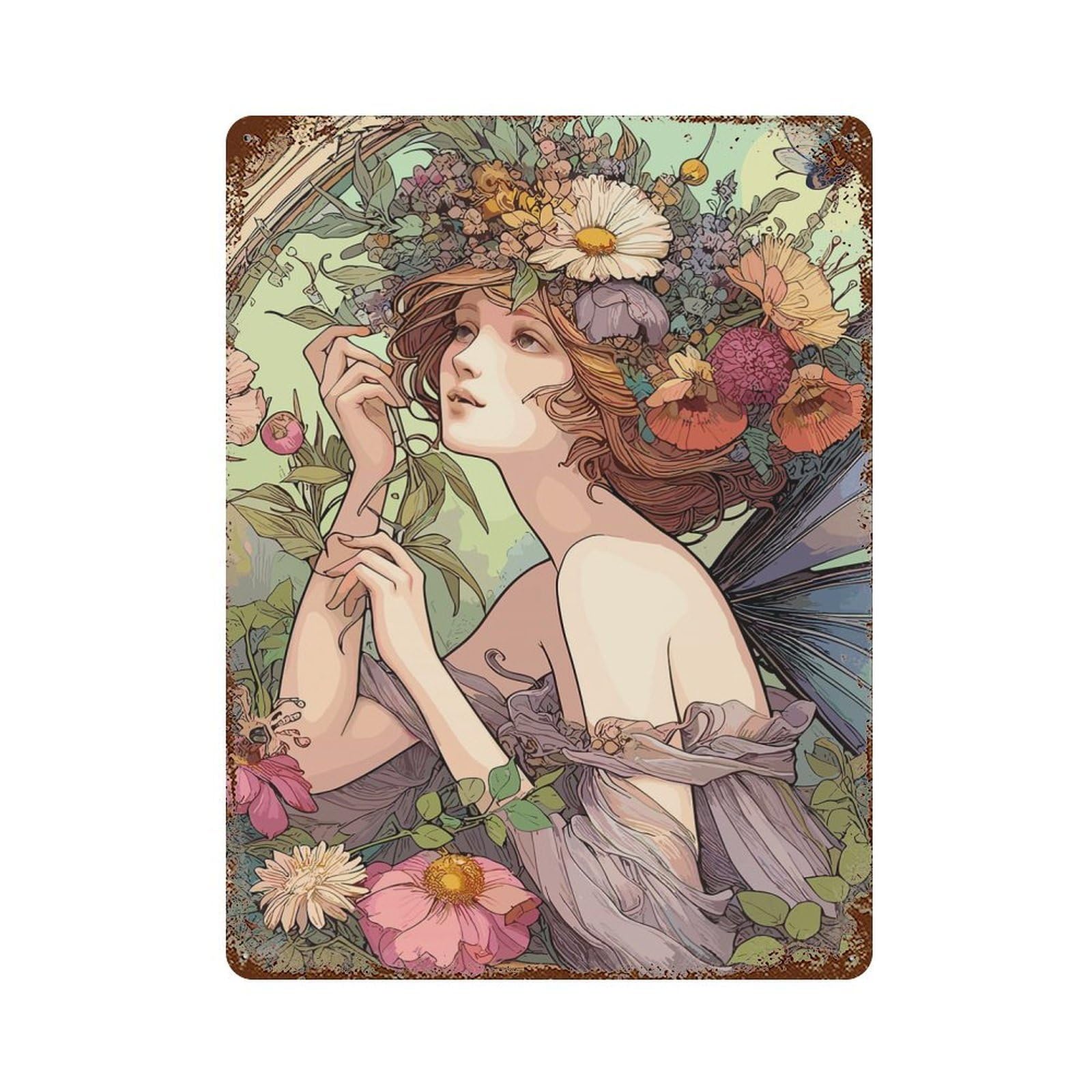 Decorative Tin Sign Pixies Garden Fantasy 15.7"x11.8", Vintage Wall Decor for Pub, Kitchen And Man Cave Decor