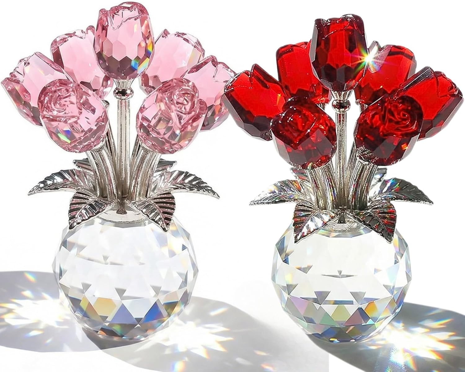 Crystal Rose in Vase Ornament, 2026 New Glass Flower Figurine, Pink Red Crystal Bouquet for Wedding Decoration, Glass Roses with Stems in Vase (Red and Pink)