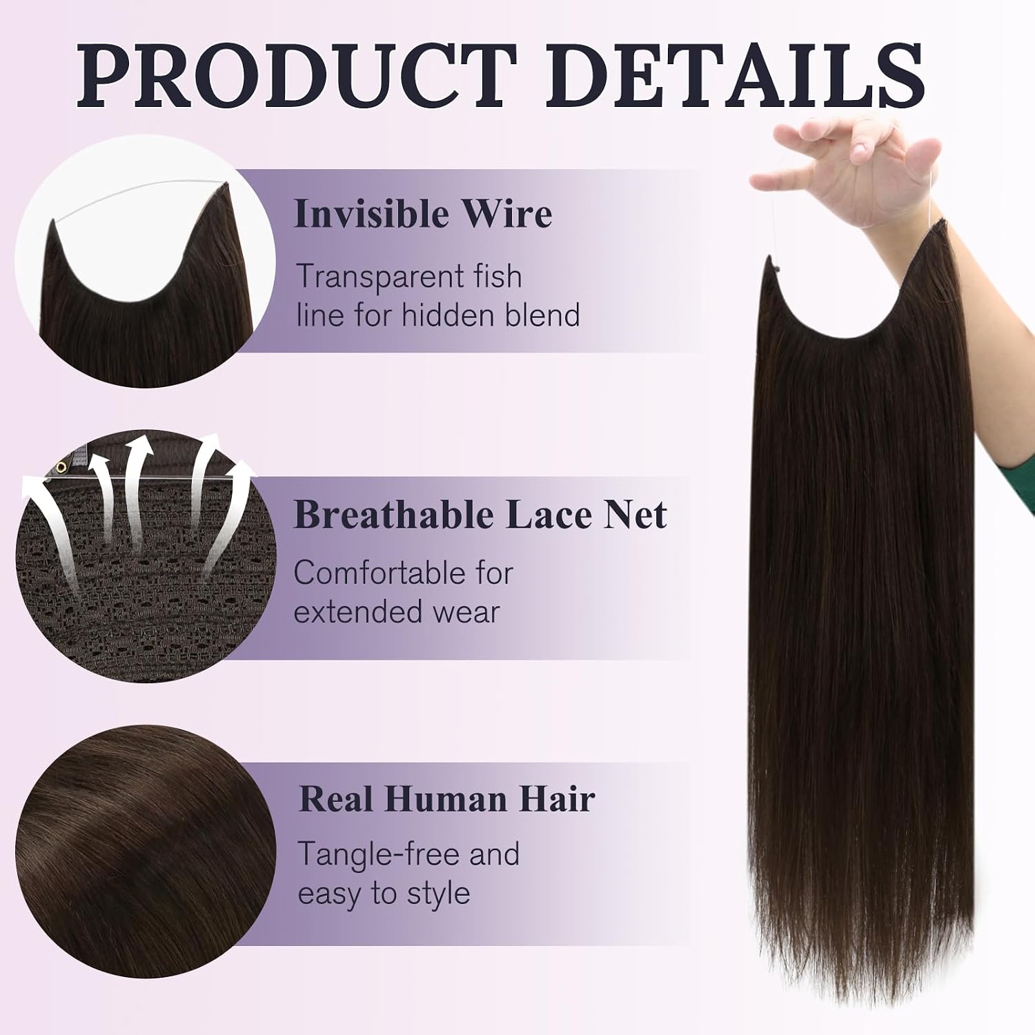 Fshine Invisible Wire Hair Extensions, 14 Inch 76G Dark Brown Color, Straight Layered Hairpiece with Adjustable Fish Line, Clip in One Piece Remy Hair, Natural Look for Daily Wear